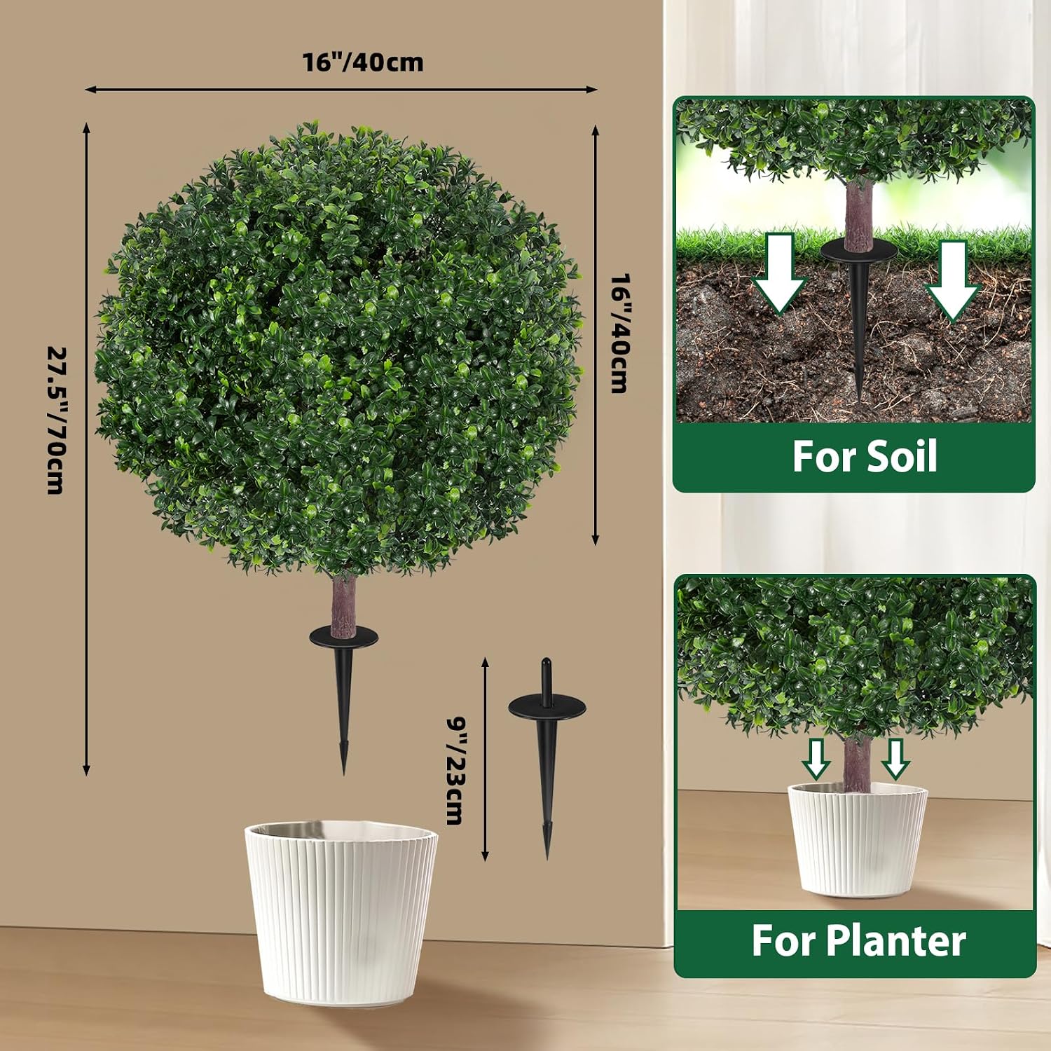 27.5" Artificial Boxwood Topiary Ball Tree, Set of 2 Fake Bushes Shrubs with Ground Spike, UV Resistant Faux Evergreen Boxwood Trees for Front Porch Planters Outdoor Garden Decor