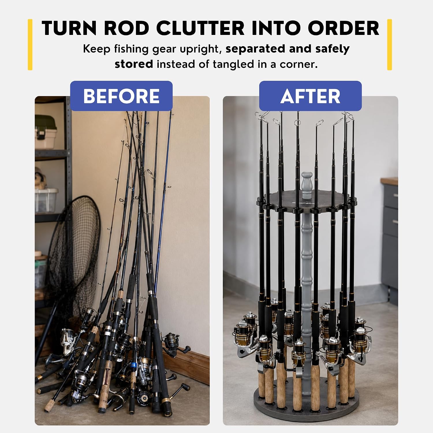 Rush Creek Creations 16-Rod Round Fishing Rod Holder for Garage, 360° Access Fishing Pole Holder for Fishing Rods, Reels, and Gear, Securely Holds 16 Rods, Barnwood