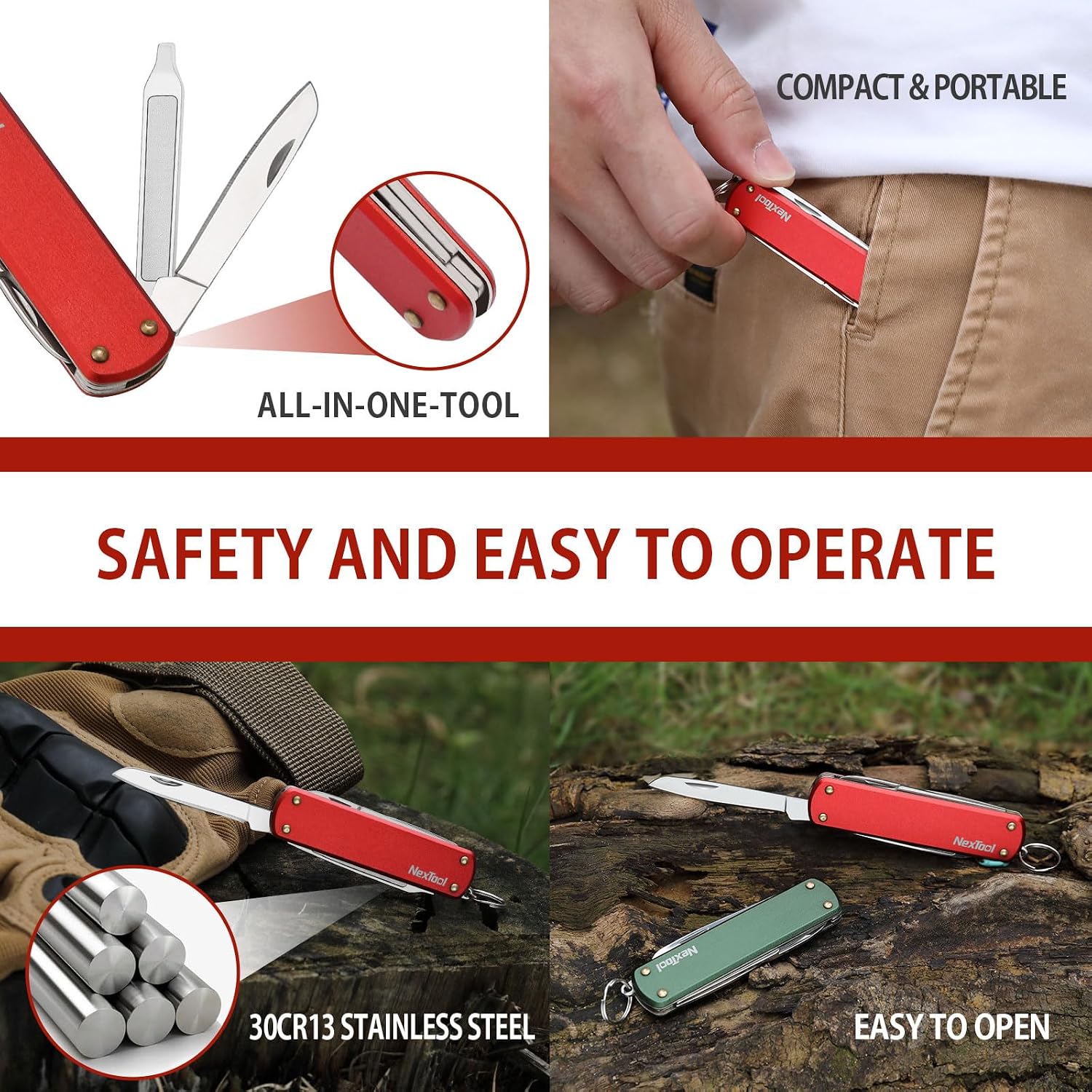 NexTool 5 in 1 Multi Tool Pocket Knife, Swiss Army Style (Red)