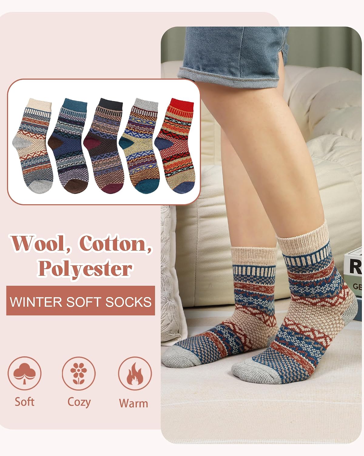 Senker Fashion Wool Socks for Women, 5 Pairs Winter Warm Crew Boot Socks