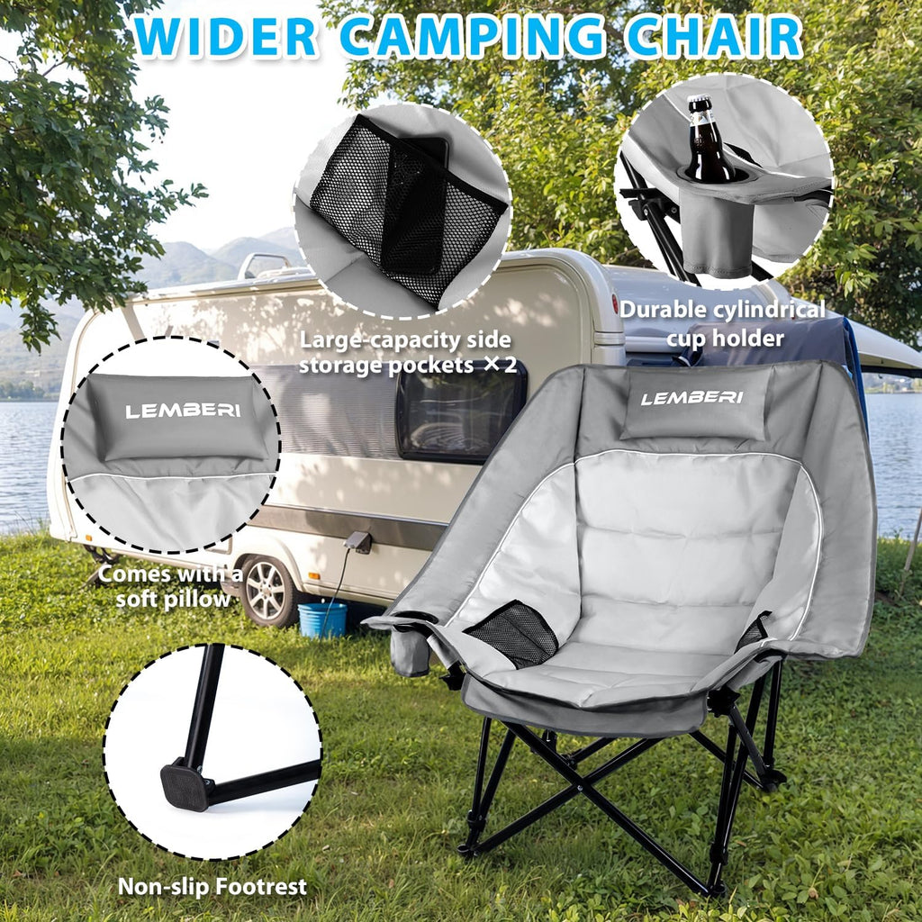 PRETZI Outdoor Oversized Camping Chair, Heavy Duty Support 500 LBS for Adults, Portable Folding Wide Lawn Chair with Headrest Support and Cup Holder, Low Camping Chair for Fishing, Garden, Grey