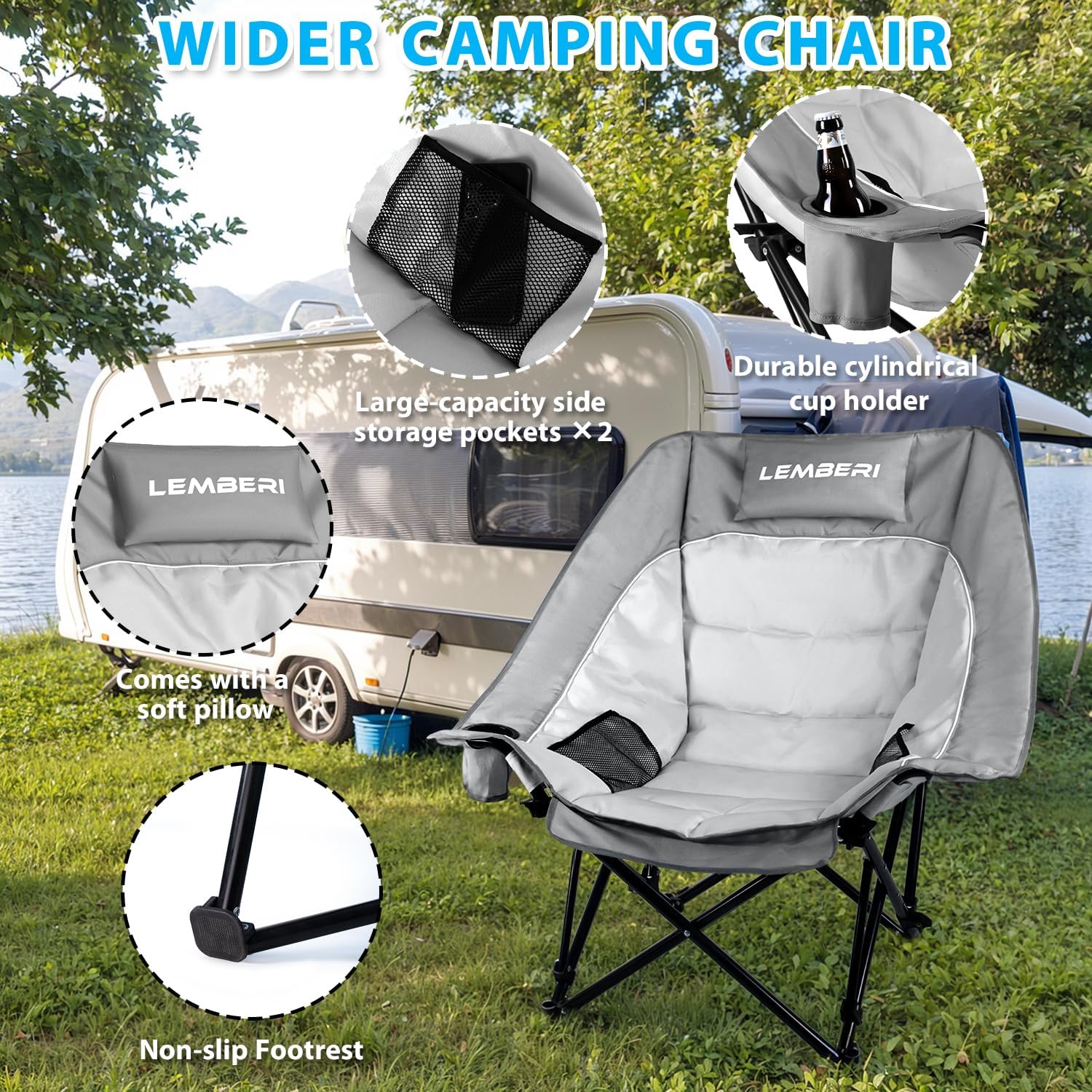 PRETZI Outdoor Oversized Camping Chair, Heavy Duty Support 500 LBS for Adults, Portable Folding Wide Lawn Chair with Headrest Support and Cup Holder, Low Camping Chair for Fishing, Garden, Grey