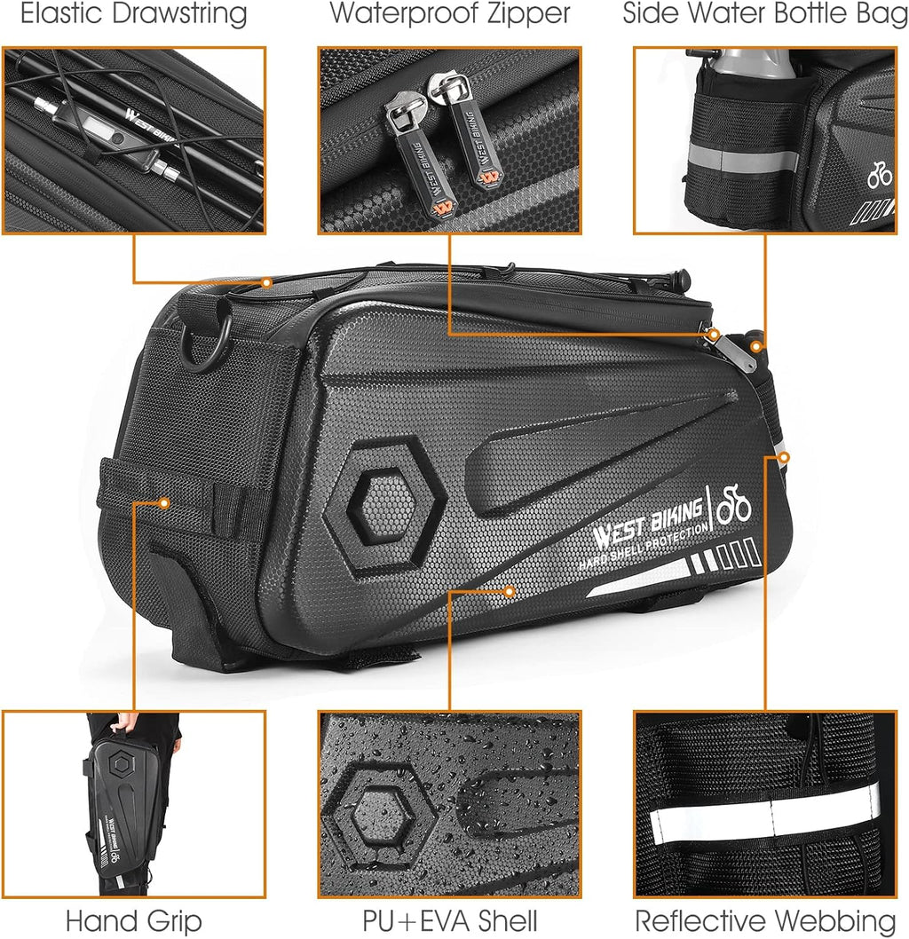 West Biking Bike Rear Seat Bag, Double Water Resistant, Zipper, Bicycle Trunk Pannier, 8.6L Capacity Waterproof Backseat Carrier Cargo Pouch with Strap & Rain Cover For Cycling