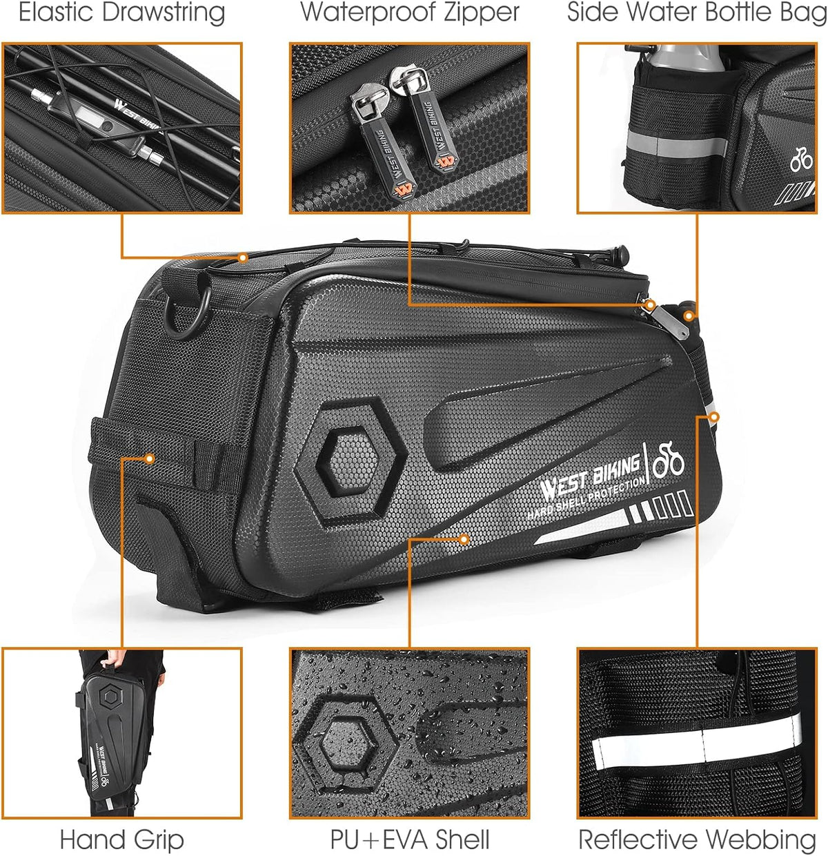 West Biking Bike Rear Seat Bag, Double Water Resistant, Zipper, Bicycle Trunk Pannier, 8.6L Capacity Waterproof Backseat Carrier Cargo Pouch with Strap & Rain Cover For Cycling