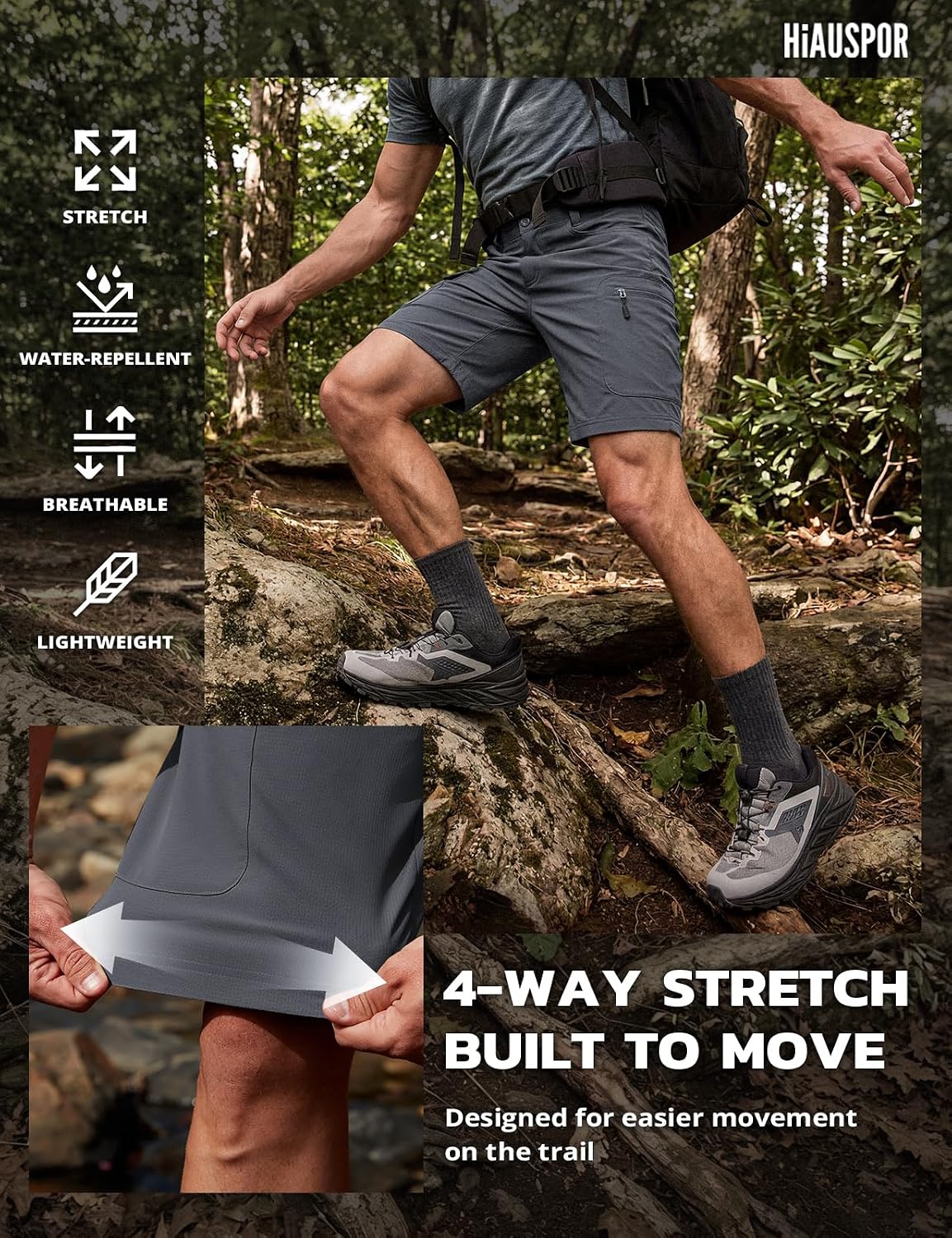Hiauspor Men's Hiking Cargo Shorts: Quick Dry Lightweight with 6 Pockets