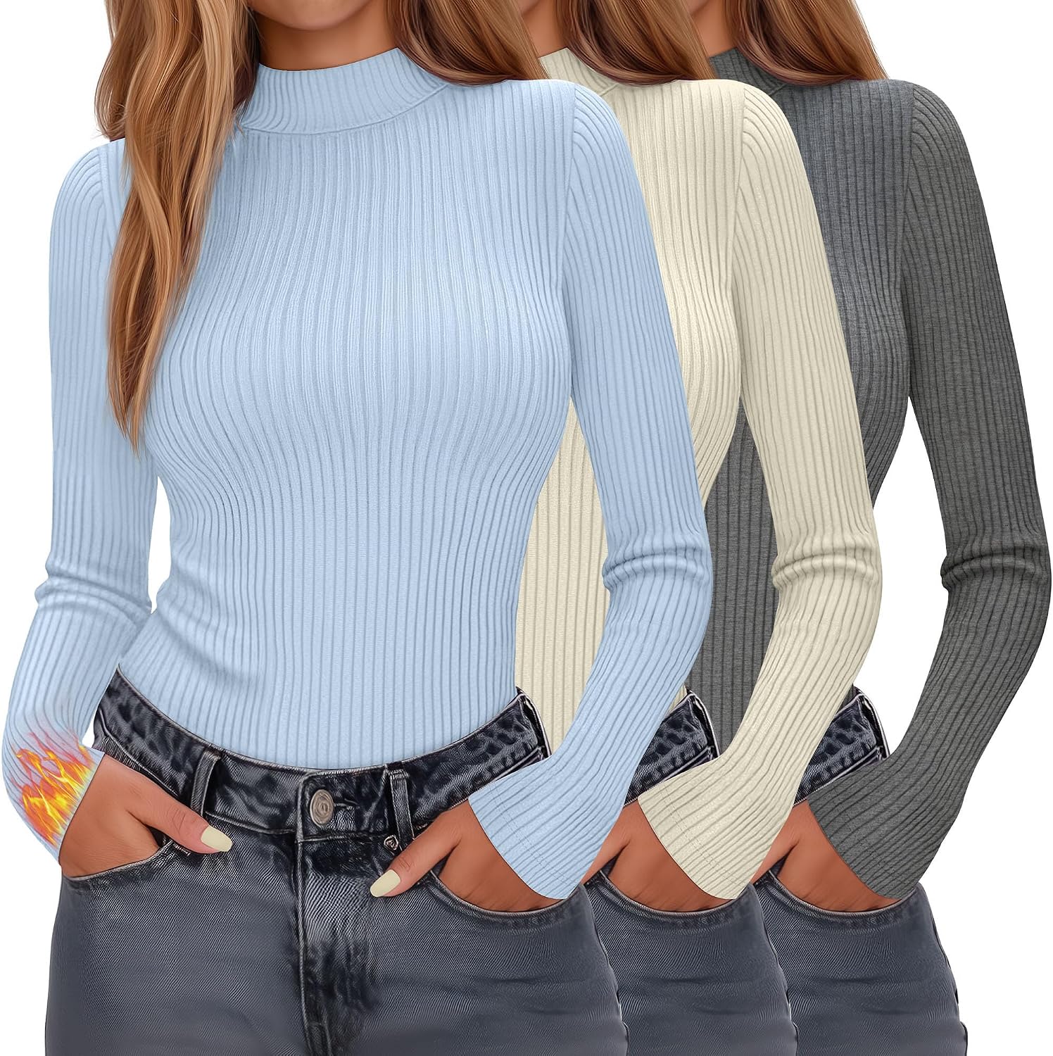 Evervibe 3 Pack Women's Ribbed Mock Neck Thermal Tops