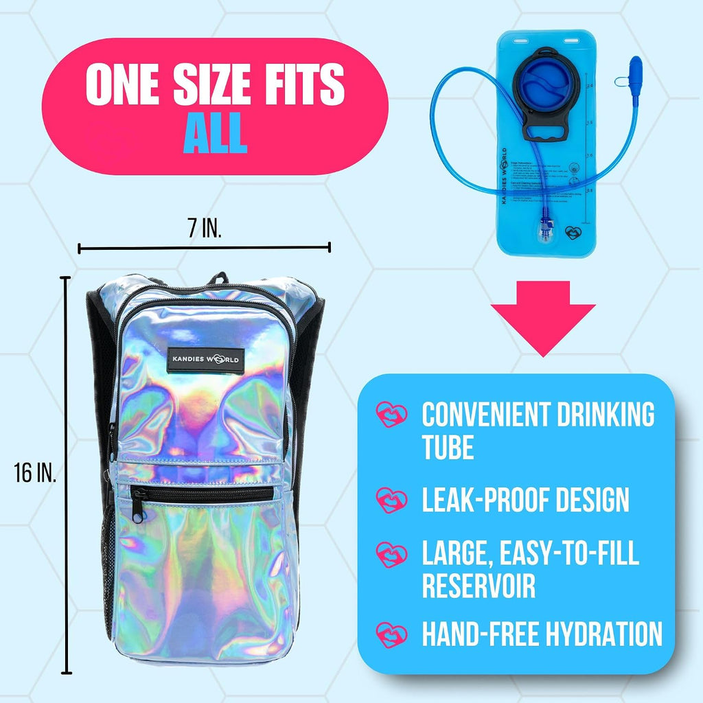 Kandies World Reflective Festival Hydration Pack - 2L Hydropack for Raves, Hiking, Biking, Running, and More (with Anti-Theft Pocket)
