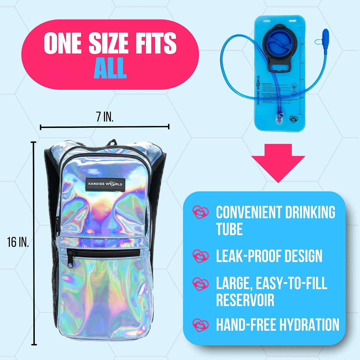Kandies World Reflective Festival Hydration Pack - 2L Hydropack for Raves, Hiking, Biking, Running, and More (with Anti-Theft Pocket)