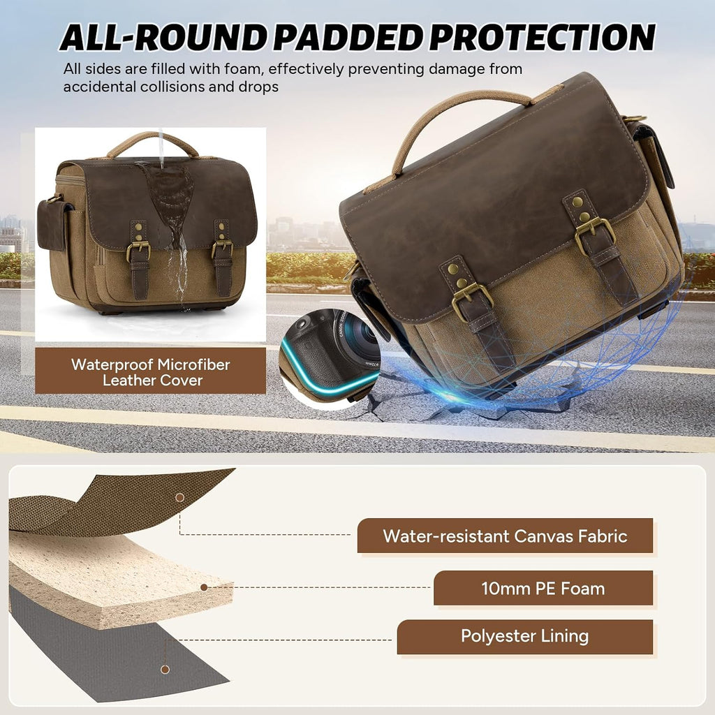 RAINSMORE Camera Bag, Vintage Canvas Camera Sling Bag Crossbody Camera Case