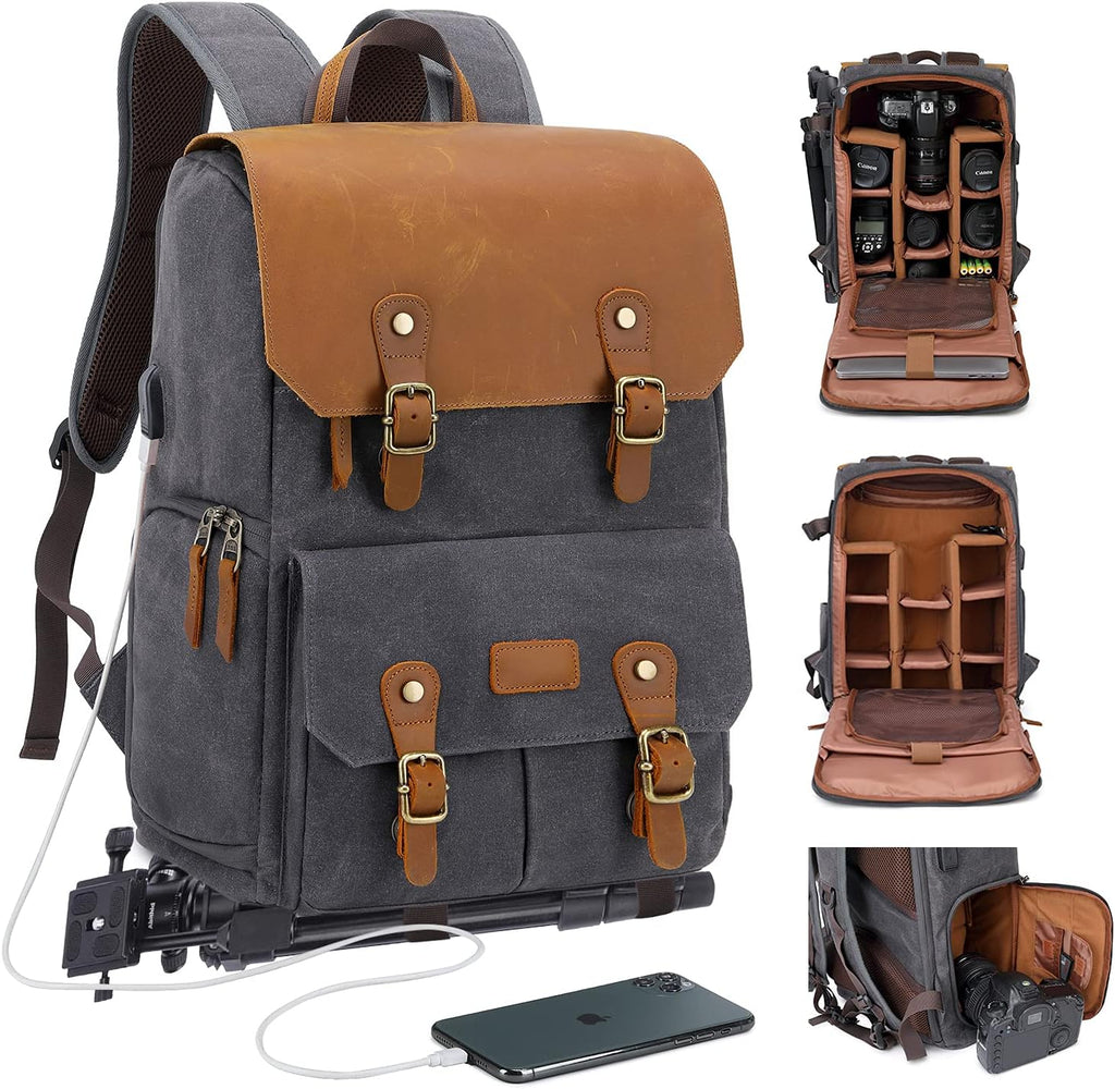 JAEP Camera Backpack - Weather Resistant 16 Ounces Waxed Memory Canvas – DSLR SLR Backpacks with 15.6” laptop sleeve compartment and Tripod Holder for Photographers -Vintage leather Style (Khaki)