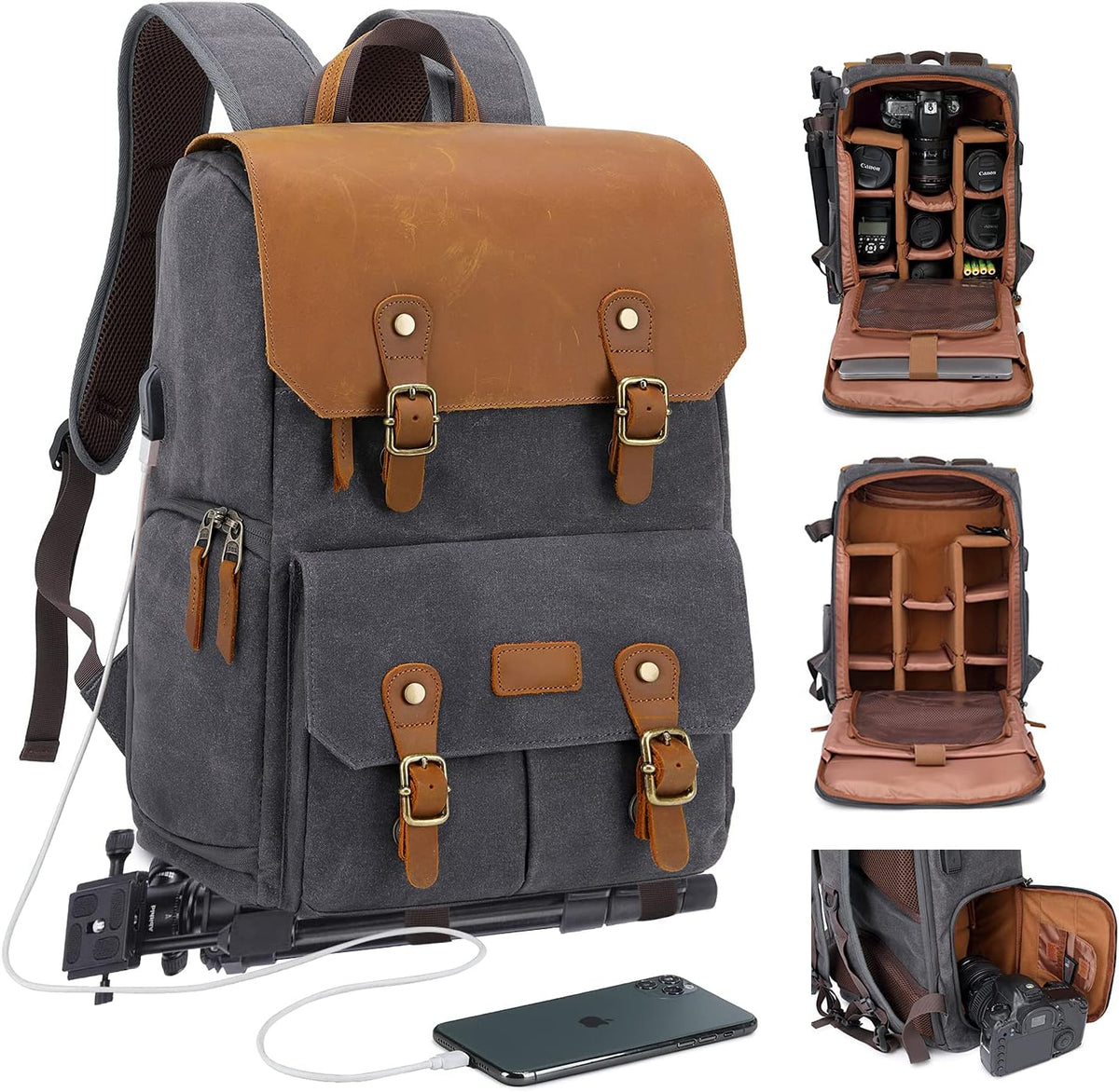 JAEP Camera Backpack - Weather Resistant 16 Ounces Waxed Memory Canvas – DSLR SLR Backpacks with 15.6” laptop sleeve compartment and Tripod Holder for Photographers -Vintage leather Style (Khaki)