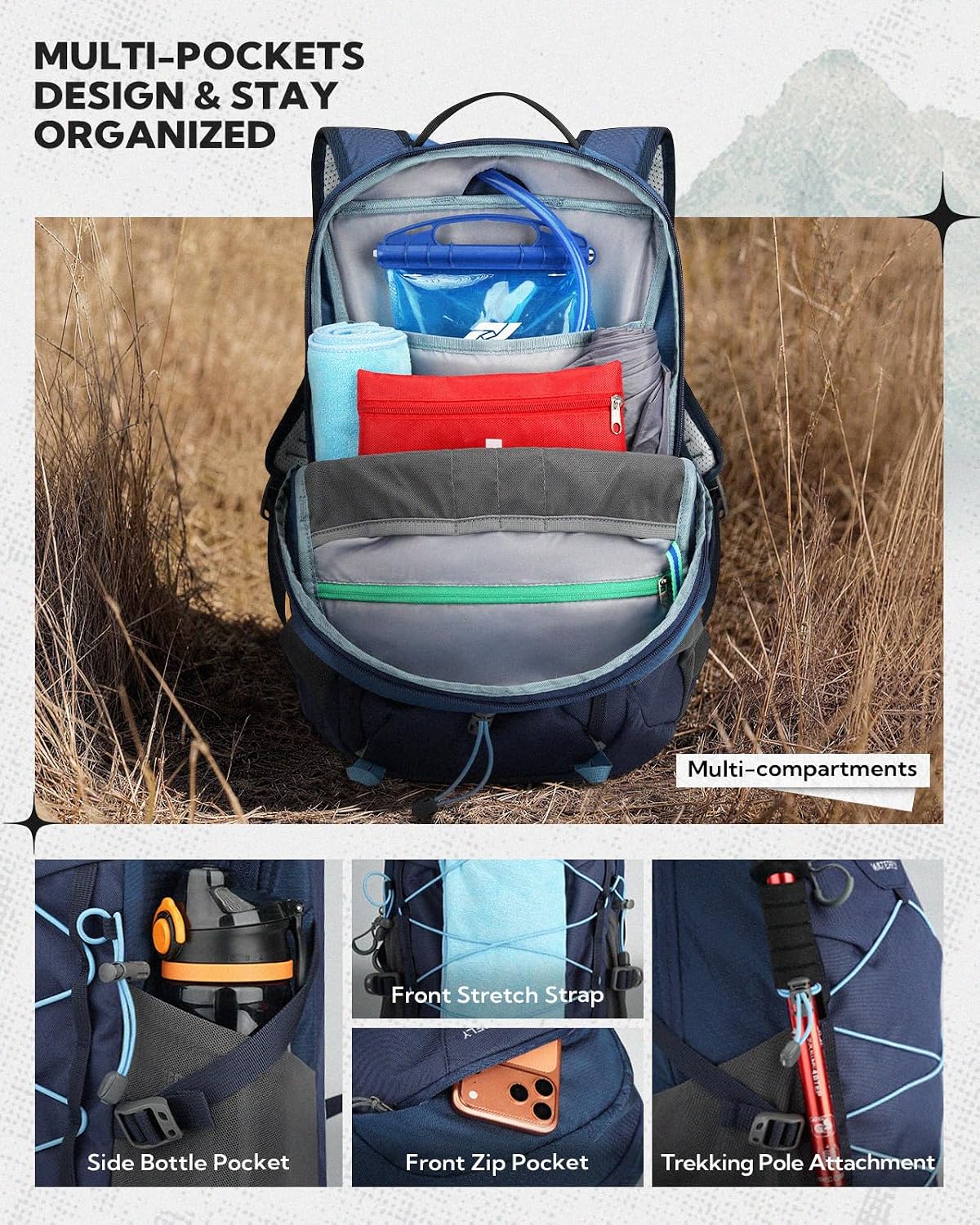 WATERFLY Hiking Backpack 20L, Lightweight Outdoor Daypack Water Resistant