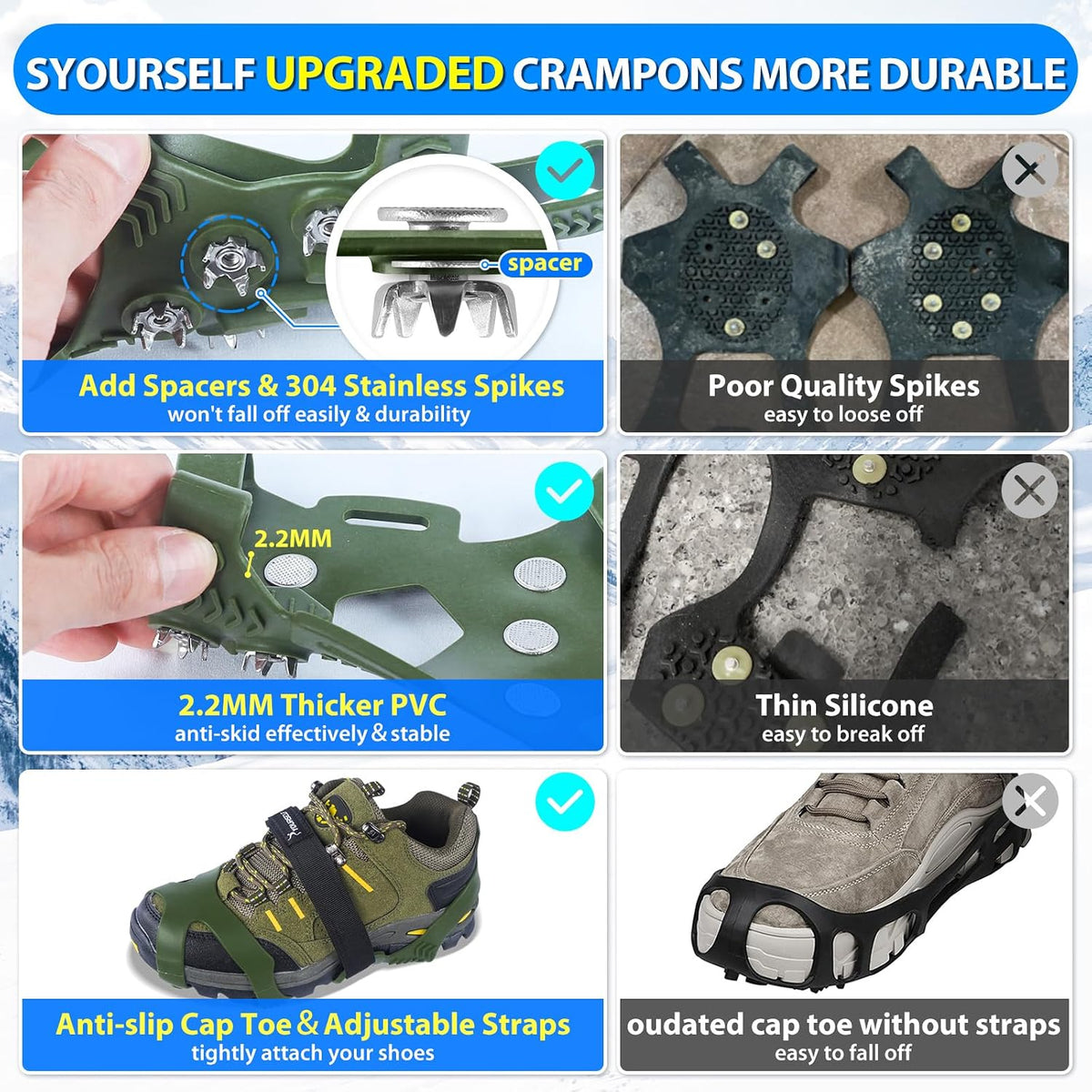 SYOURSELF Ice Cleats, Crampons Ice Cleats for Shoes and Boots Women Men Kids, Non Slip Grippers Spikes for Shoes with Straps, Ice Traction Cleats for Snow and Ice, Hiking, Walking, Fishing, Climbing