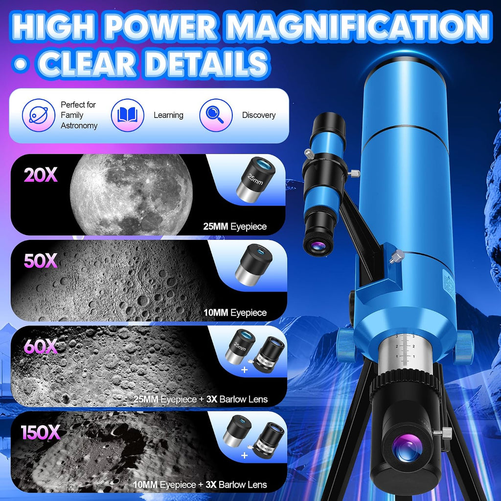 Telescope for Adults & Kids, 80mm Aperture 500mm (20X-150X) Professional Refractor Telescope for Astronomy Beginners, Portable Travel Telescopes with Tripod Phone Adapter, Stickers, Backpack