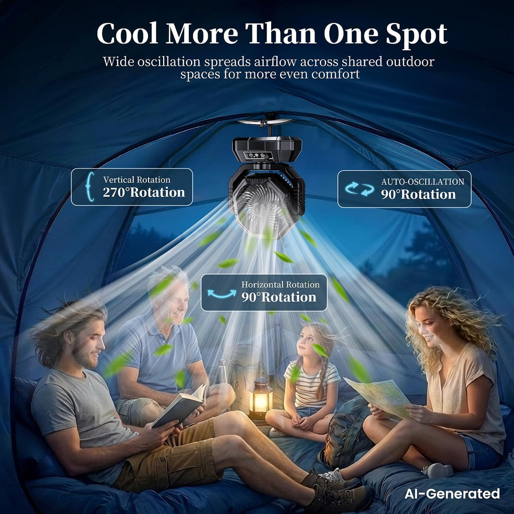 AJVV Camping Fan with Light, Remote and Oscillation, Battery Powered Hanging Tent Fan, Rechargeable Portable for Camp, Outdoor, Emergencies, Fishing, RV Travel, Jobsite