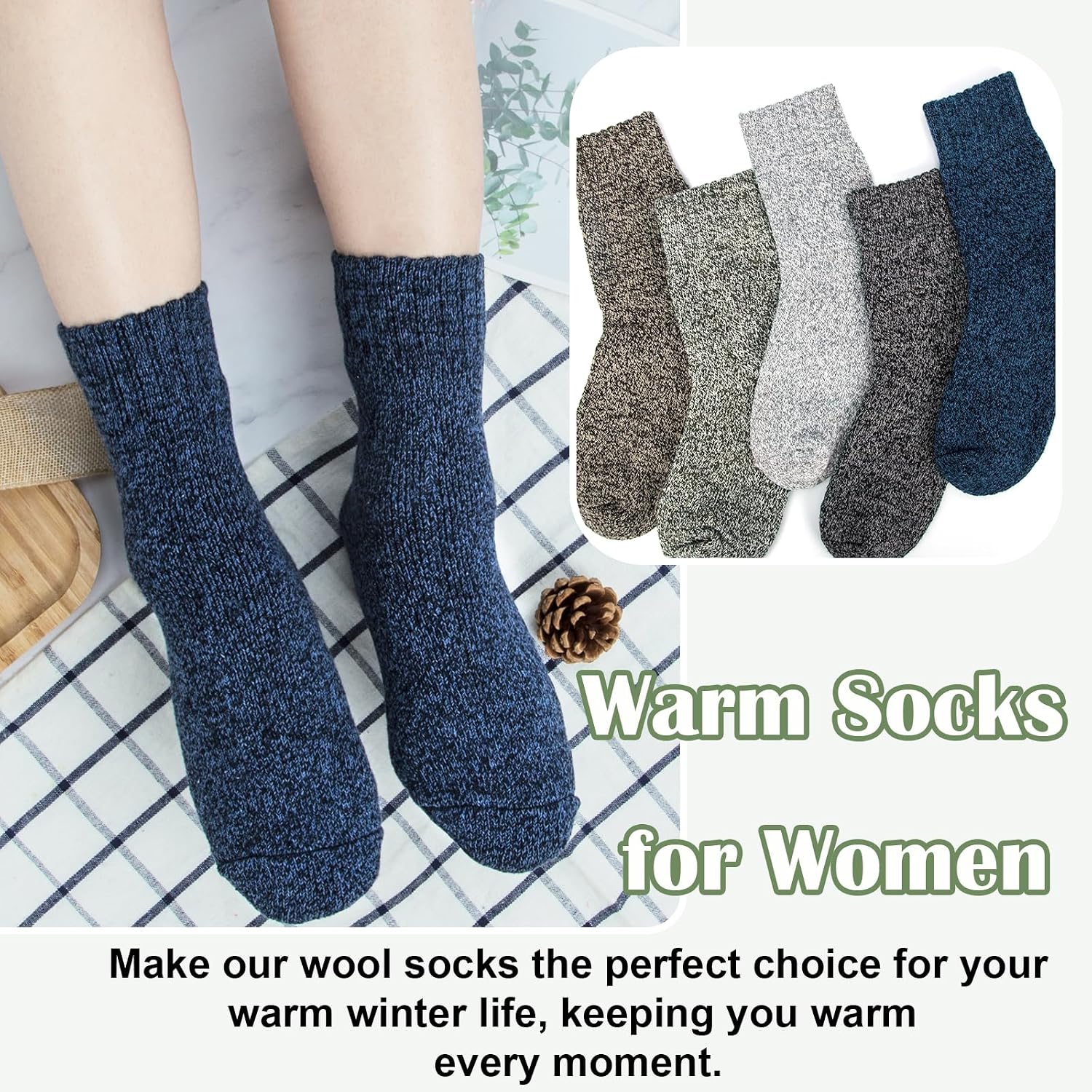 Senker Fashion Wool Socks for Women, 5 Pairs Winter Warm Crew Boot Socks