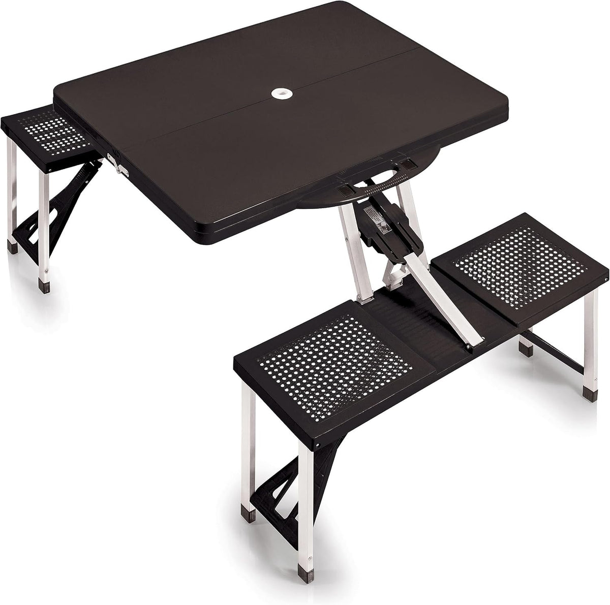 Picnic TIME Portable Folding Picnic Table with Seats for 4, Collapsible Aluminum Table with Benches & Umbrella Hole, Lightweight Foldable Table for Camping, Travel, Backyard, Tailgating