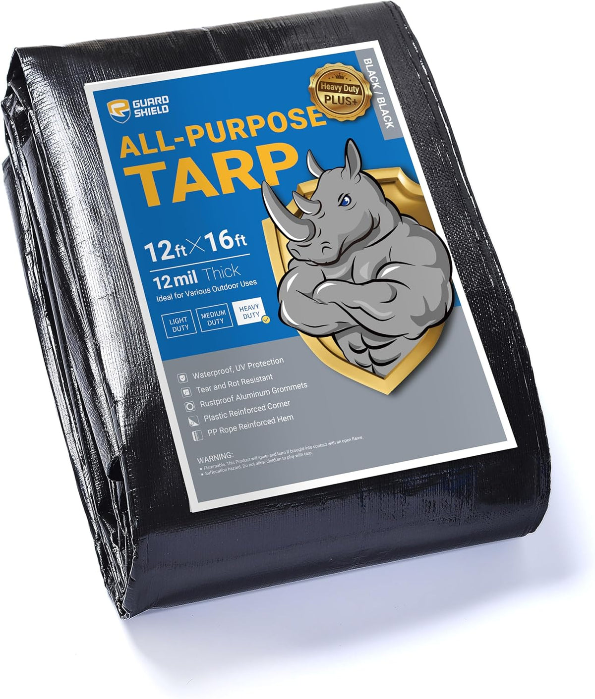 GUARD SHIELD Tarps Heavy Duty Waterproof Black Plus+ 12x16 FT Large 12 mil