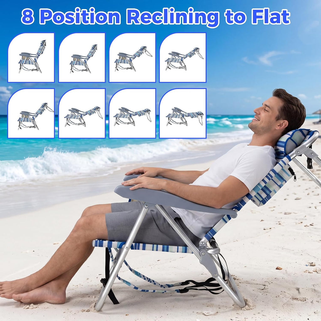 Backpack Beach Camping Chairs with 8 Positions Lay Flat, 2 Pack Lightweight Folding Beach Chair with Adjustable Headrest, Pouch, Cup Holder for Outdoor Lawn Picnic, Support 300LBS(Stripes_Blue & Cyan)