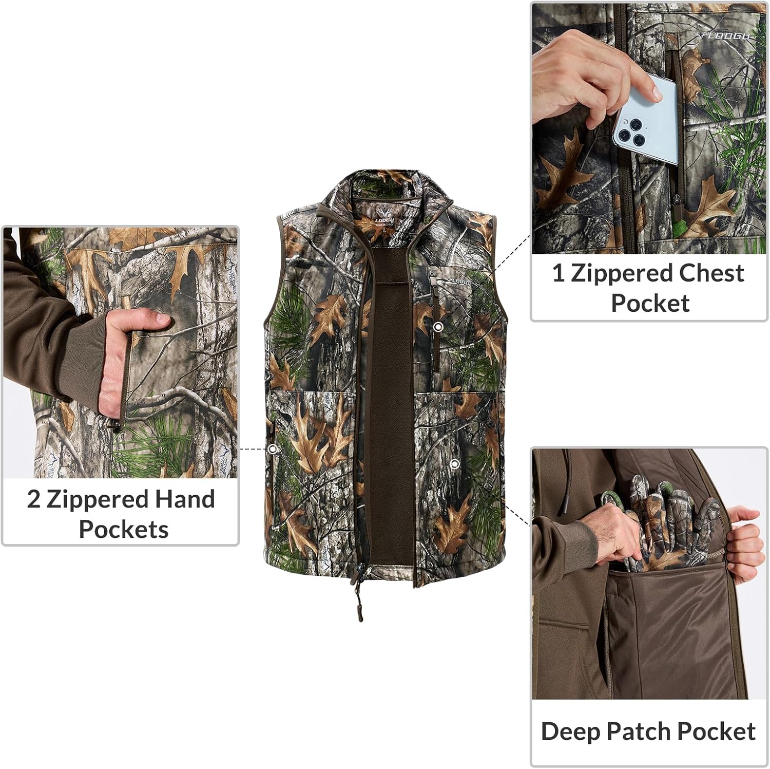 LOOGU Mens Camo Hunting Vest Water-Resistant Sleeveless Jacket with Pockets for Outdoor Fishing Hiking