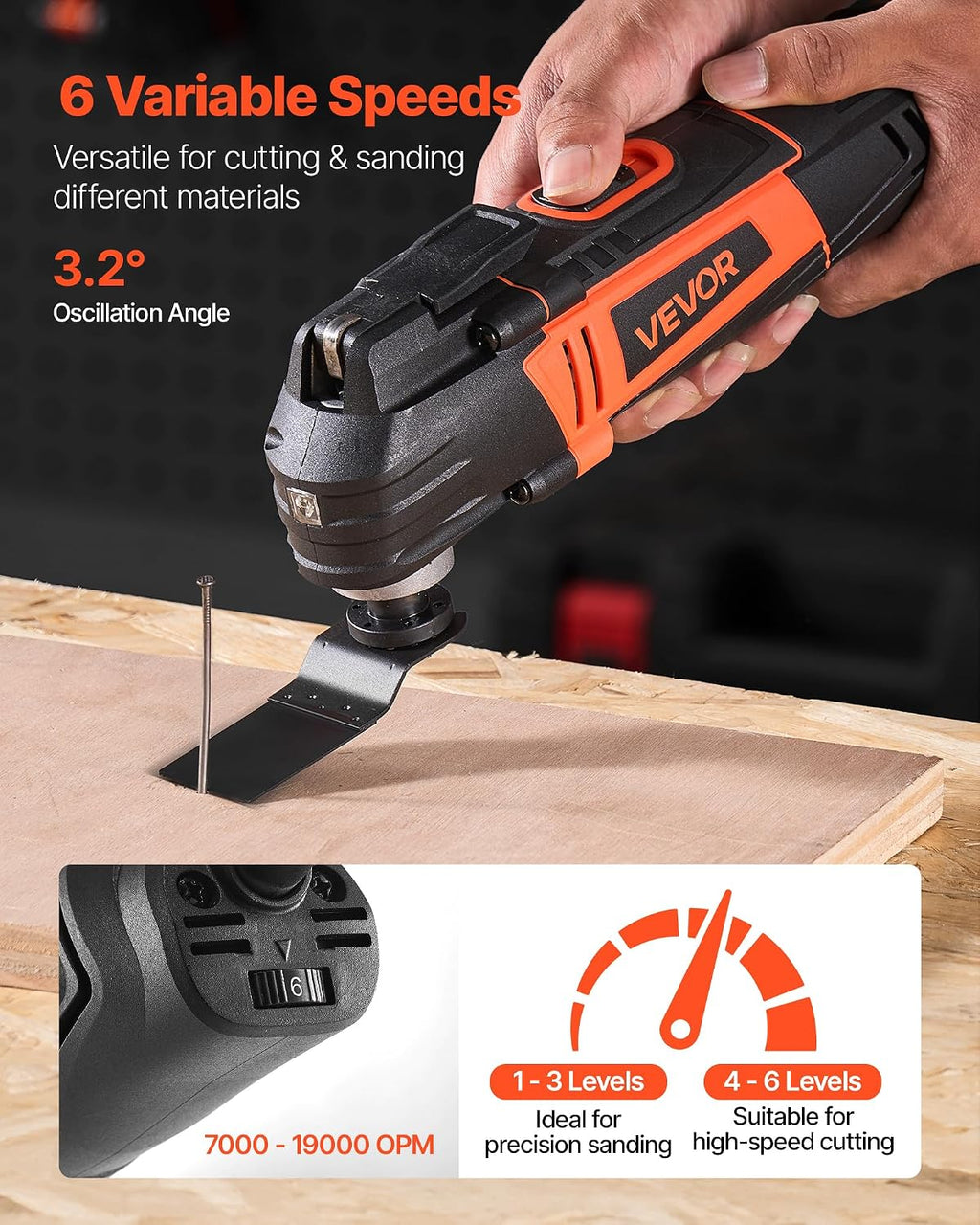 VEVOR Oscillating Tool Multitool, 4Amps Electric Oscillating Multi Tool Corded with 6 Variable Speeds 7000-19000 OPM, 3.2° Oscillating Angle, 13PCS Saw Accessories, LED Work Light & Tool Bag