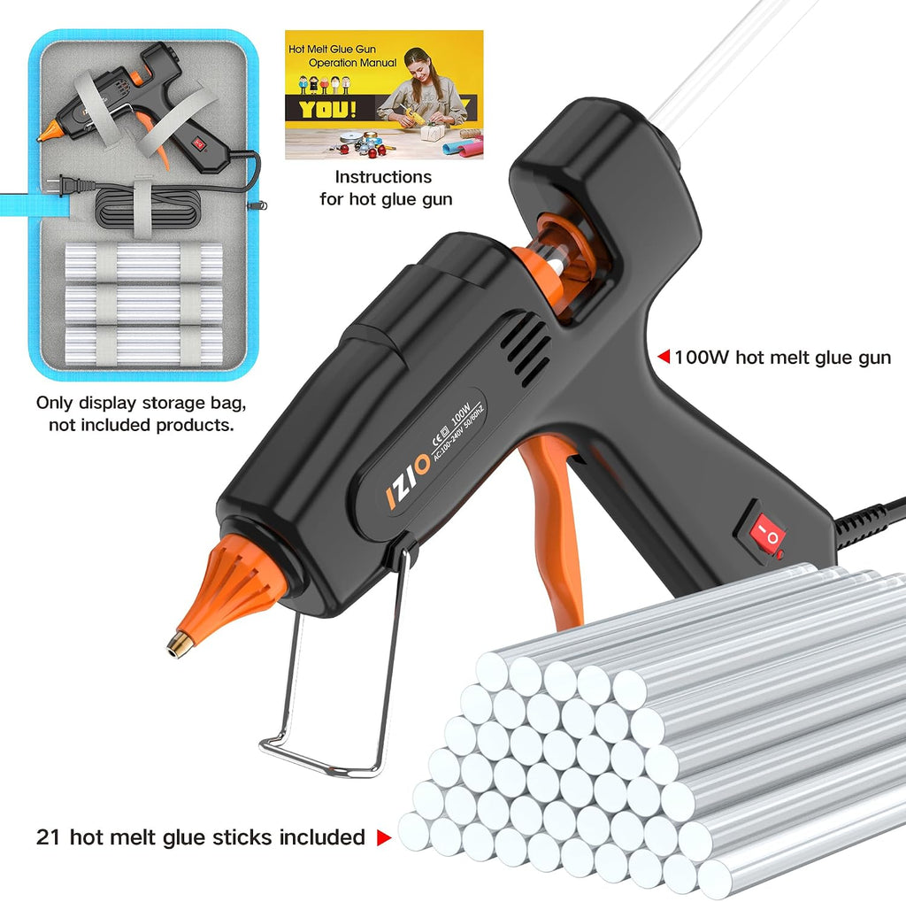IZIO100W Hot Glue Gun Kit, Fast Heating for DIY Crafts Home Repair, Includes 21 Glue Sticks, Anti-Scald Nozzle, Pouch