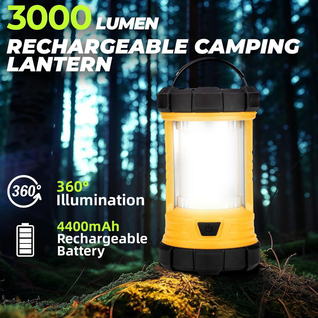 Favourlite Rechargeable Camping Lantern, 3000LM 360° LED Light for Power Outages, 4400mAh with USB-C Emergency Phone Charging, 5 Modes, Water-Resistant Tent Light with Hanging Hooks