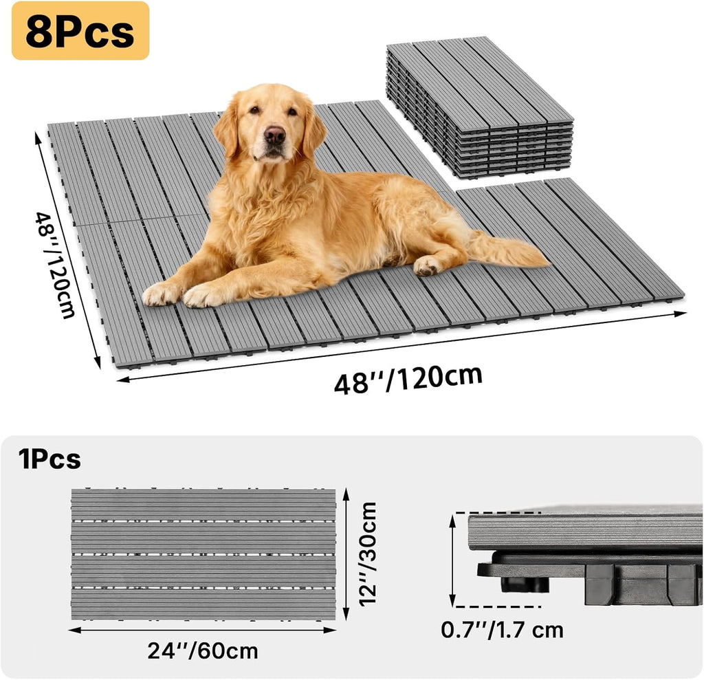 Veehoo Outdoor Flooring Decking for Dog Playpens, Kennels, 4' x 4' Waterproof Dog Training Platform, Portable Deck for RV, Pet Enclosures,Grey (24 x 12 inches, 8PCS)