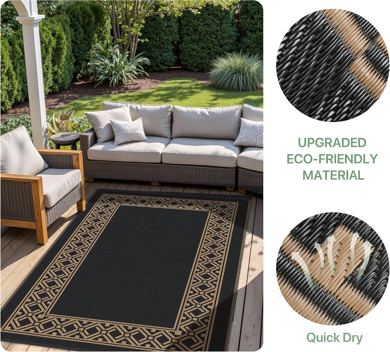 GENIMO Outdoor Rug, Waterproof Plastic Rugs for Patio, 6'x9' Black Brown