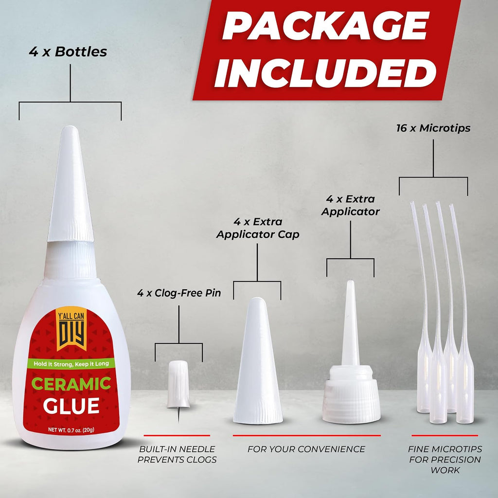 Y’allCanDiy Ceramic Glue Repair for Pottery, Porcelain, Super Glue 4 Pack