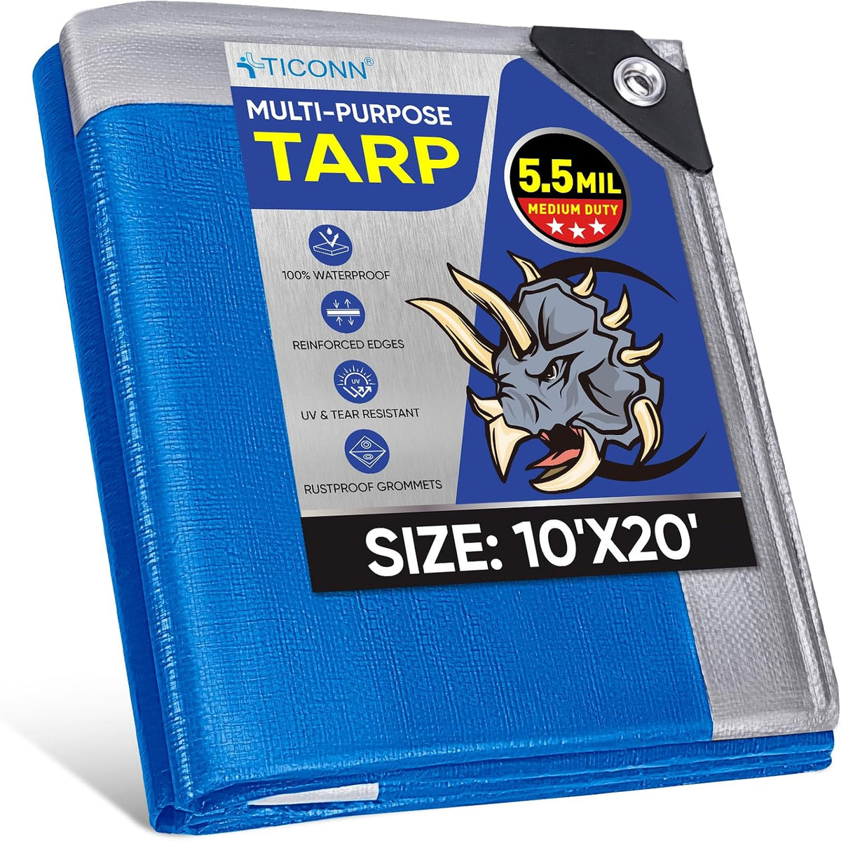 TICONN Heavy Duty Tarp Cover Waterproof, Extra Thick UV Resistant Tarpaulin