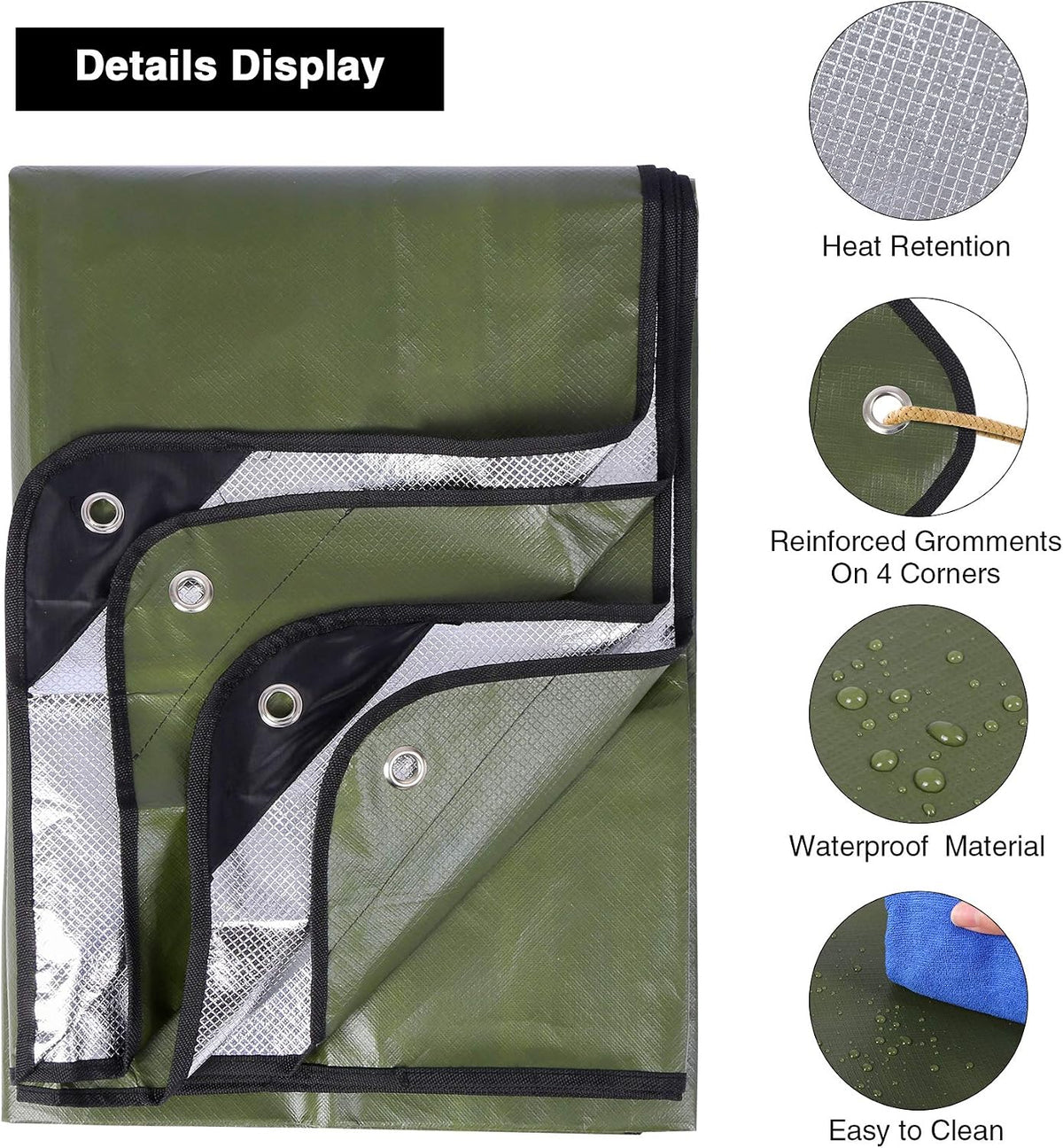 RedSwing Insulated Tarp, Multipurpose Emergency Thermal Tarps, Waterproof All Weather Heavy Duty Heat Reflective Survival Blanket for Camping Hiking, Green