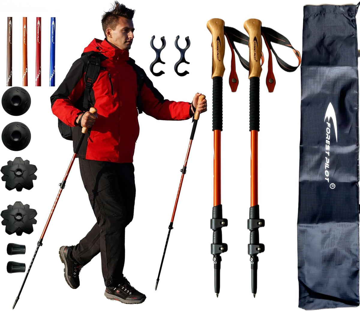 FOREST PILOT Trekking Poles - Lightweight 7075 Aluminum with Flip Lock & All Terrain Accessories - Pair of 2 Walking Sticks for Hiking with EVA or Beech Wood Grip