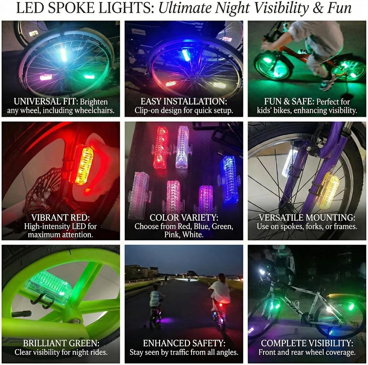 HANZE Bike Wheel Lights Rechargeable, LED Bicycle Spoke Lights 7-Color with 12 Flashing Modes, Motion Sensor Auto On/Off, Waterproof Night Riding Accessories for Kids & Adults E-Bike