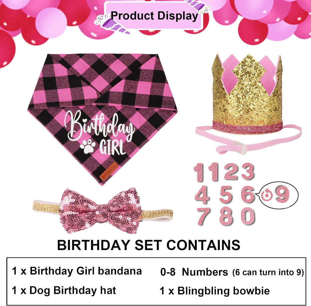 ADOGGYGO Dog Birthday Hat, Pink Plaid Birthday Dog Bandana Set, Small