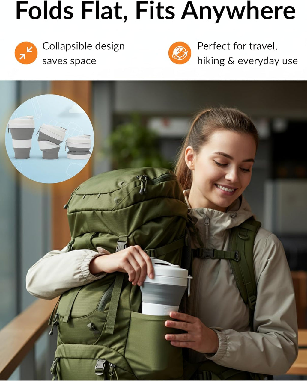 Collapsible Silicone Water Bottle 20oz, Leakproof BPA-Free Foldable Travel Cup with Carabiner Clip and Reusable Straw, Portable Reusable Bottle for Hiking, Camping, Gym, Outdoor