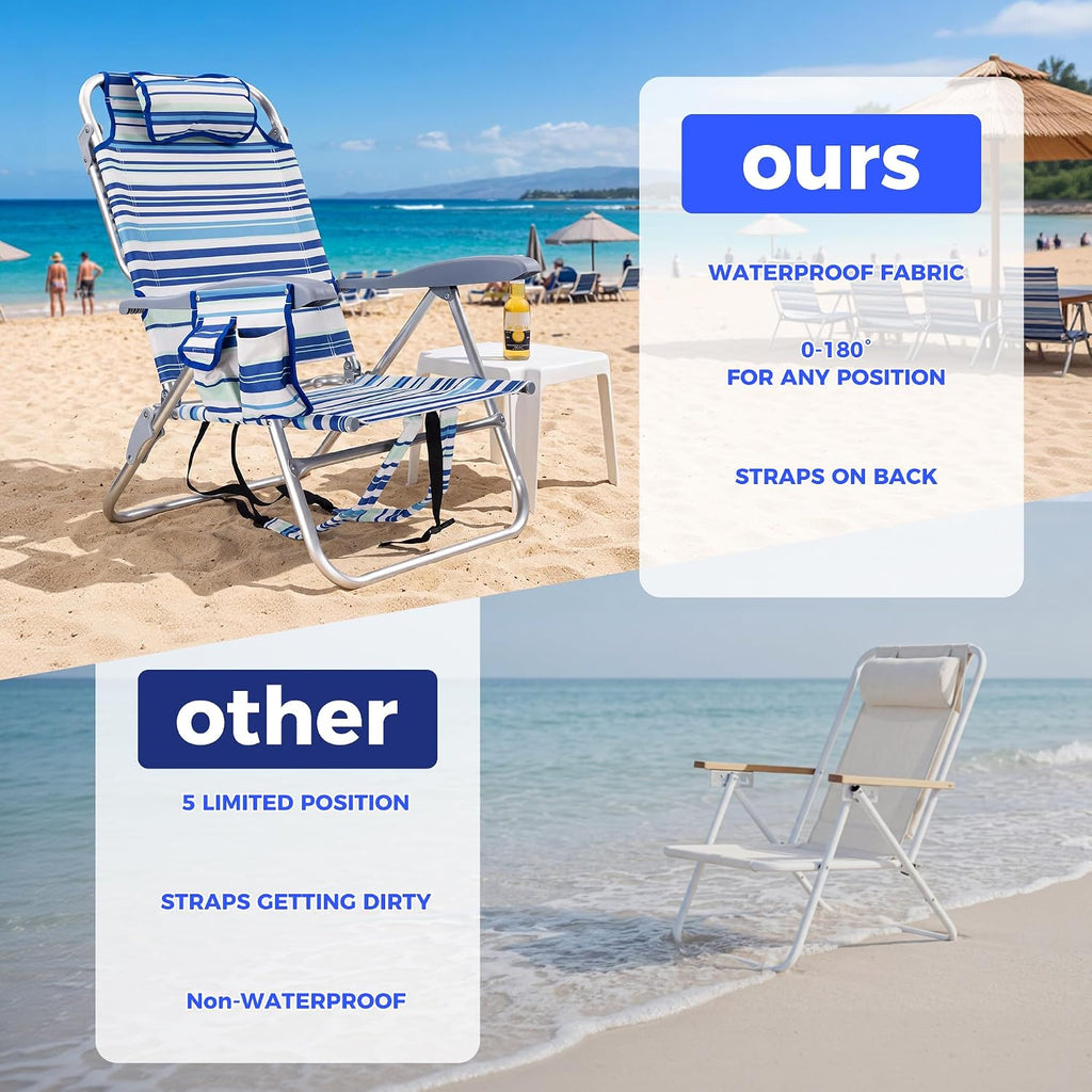 Backpack Beach Camping Chairs with 8 Positions Lay Flat, 2 Pack Lightweight Folding Beach Chair with Adjustable Headrest, Pouch, Cup Holder for Outdoor Lawn Picnic, Support 300LBS(Stripes_Blue & Cyan)