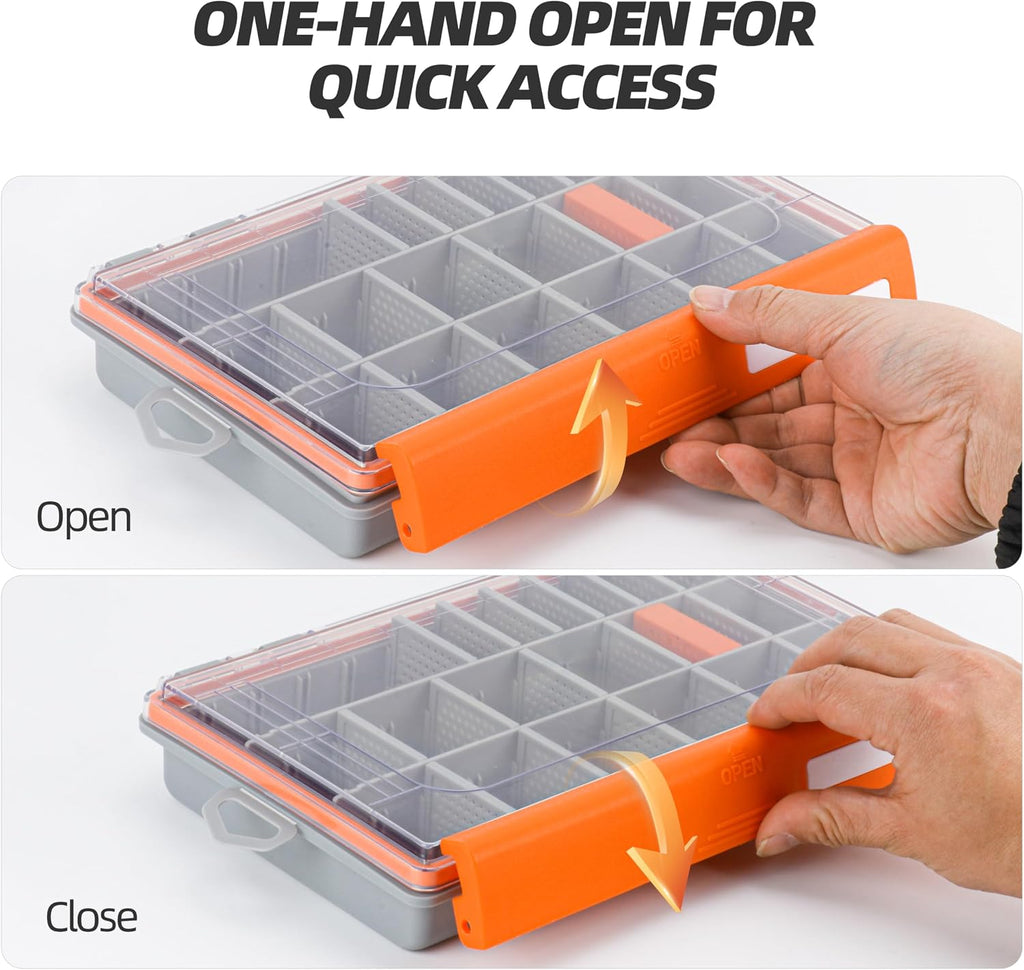 RUNCL Fishing Tackle Box - 360° Waterproof Tackle Trays, 3700 Fishing Tackle Box Organizer with Adjustable Dividers for Jigs Lures, Orange, 1 Pack