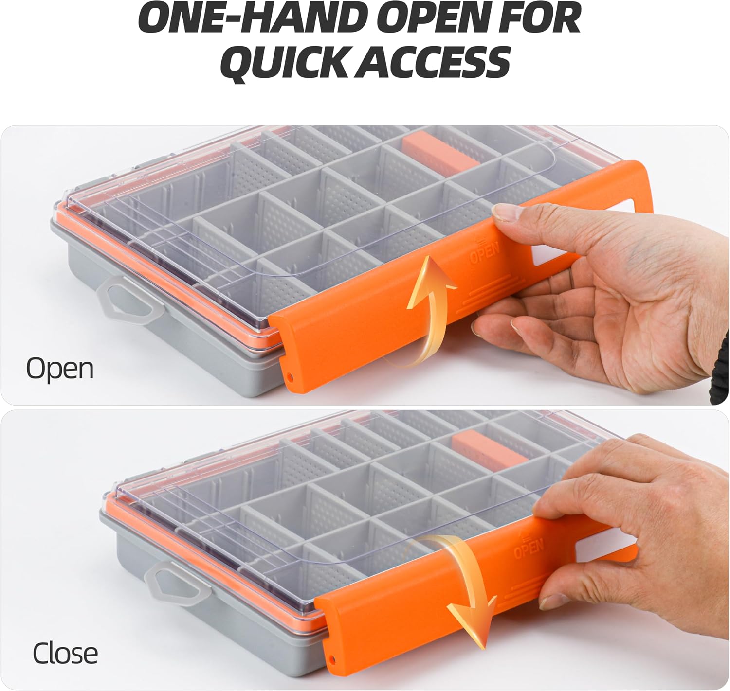 RUNCL Fishing Tackle Box - 360° Waterproof Tackle Trays, 3700 Fishing Tackle Box Organizer with Adjustable Dividers for Jigs Lures, Orange, 1 Pack