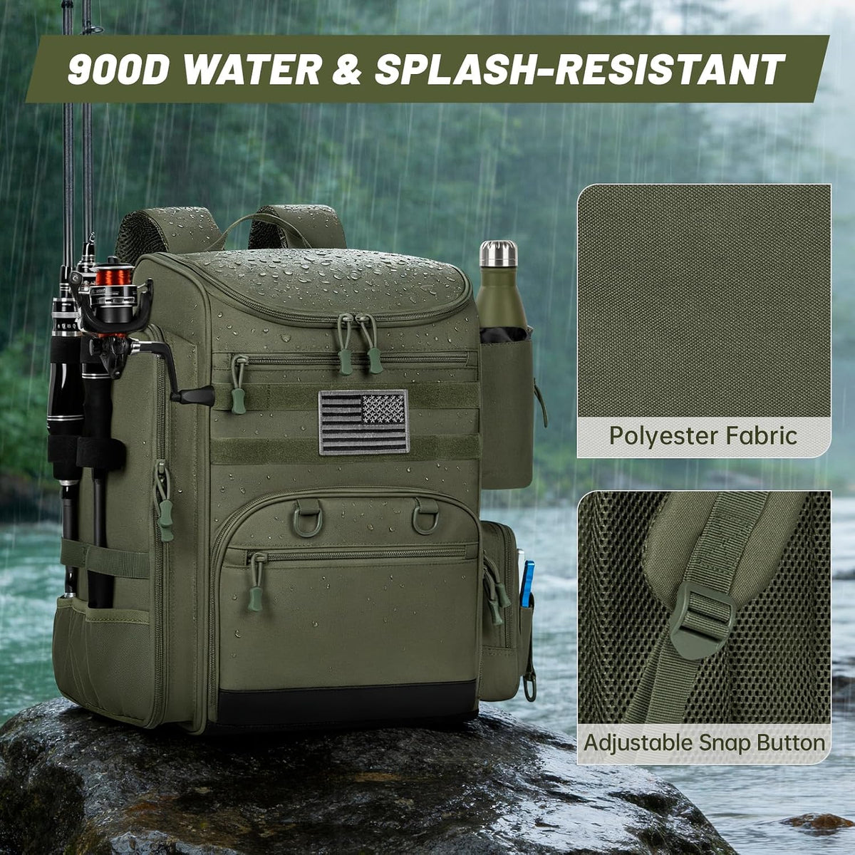 40L Tackle Fishing Backpack with 2 Rod Holders, Water Resistant