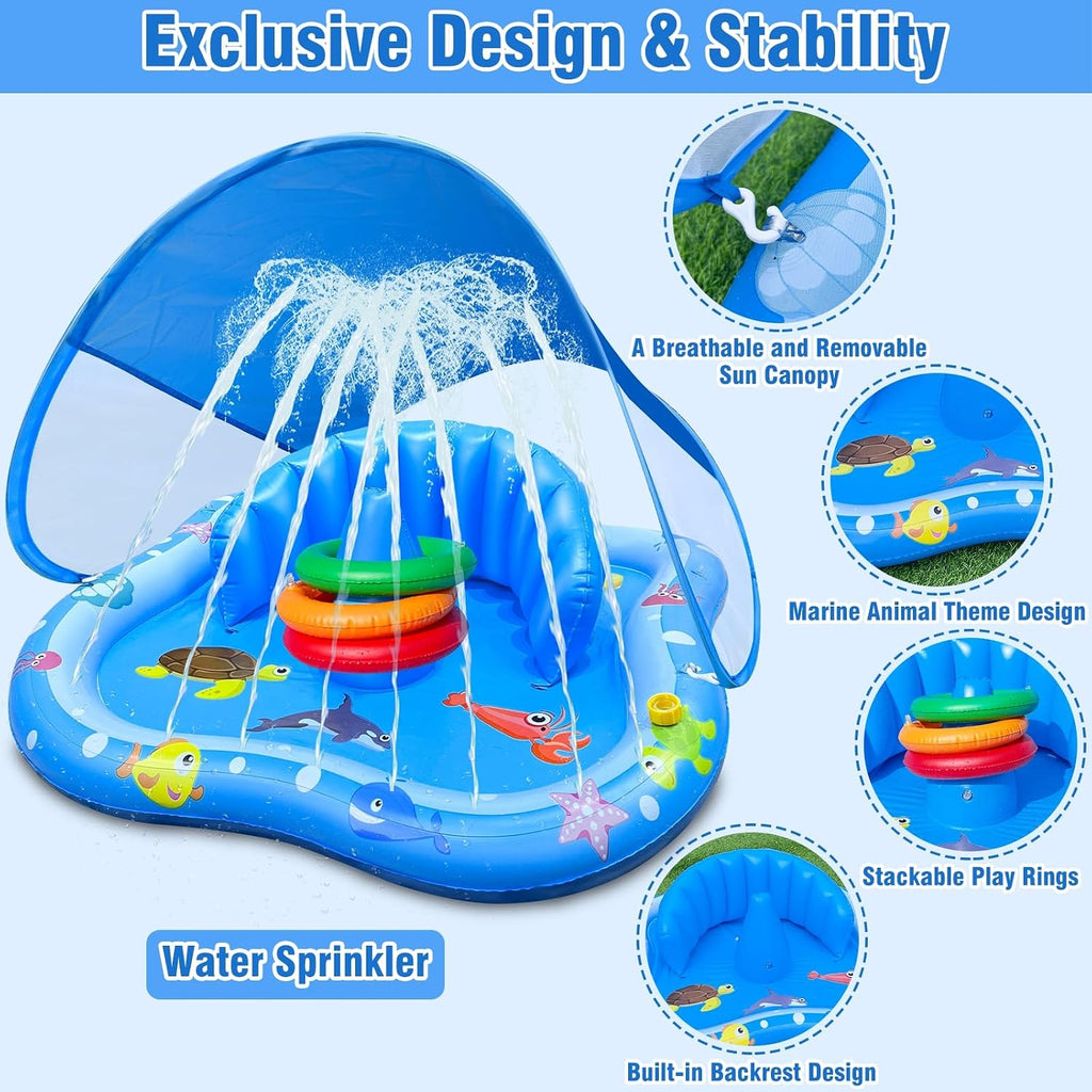 Baby Play Mat with Sprinkler, Pool Floats with Canopy for Age 6-36 Months | Inflatable Kiddie Pool with Backrest & Stackable Rings Water Sprinkler for Kids Outdoor Water Play Toys,Backyard Water Games