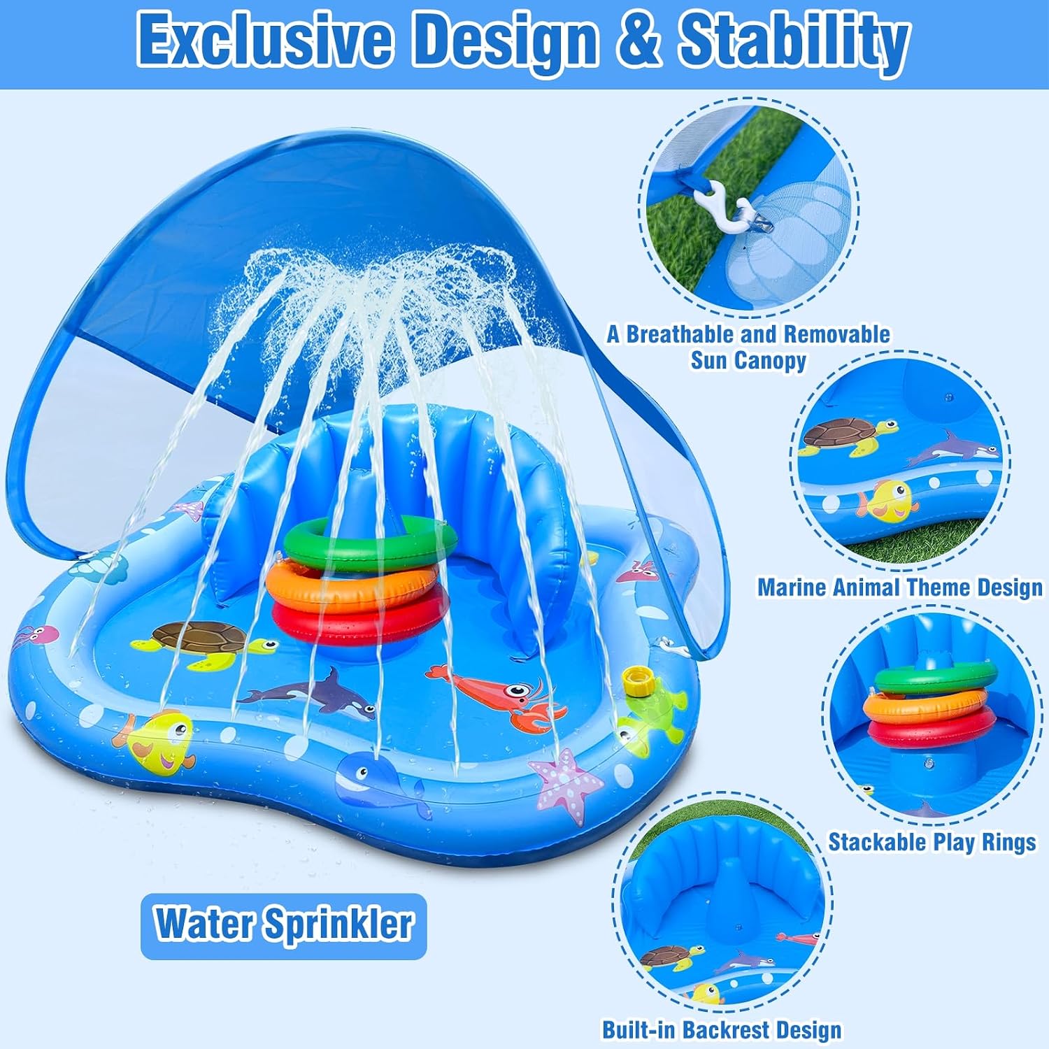 Baby Play Mat with Sprinkler, Pool Floats with Canopy for Age 6-36 Months | Inflatable Kiddie Pool with Backrest & Stackable Rings Water Sprinkler for Kids Outdoor Water Play Toys,Backyard Water Games