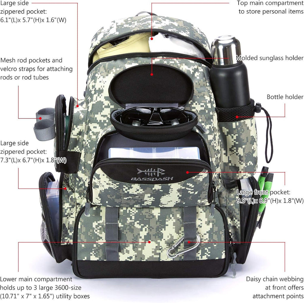 BASSDASH Fishing Tackle Backpack Water Resistant Tactical Bag Soft Tackle Box with Rod Holder and Protective Rain Cover
