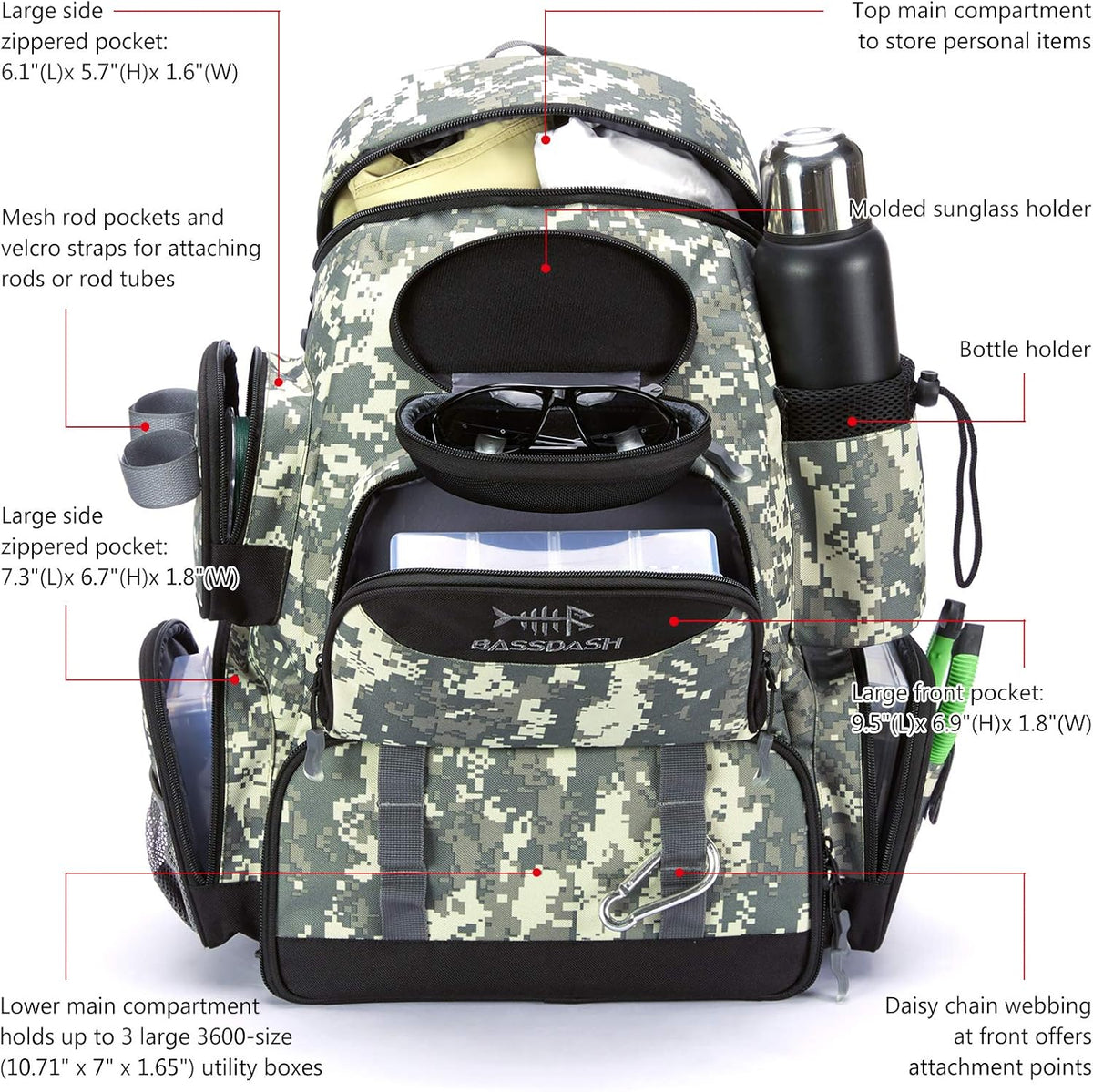 BASSDASH Fishing Tackle Backpack Water Resistant Tactical Bag Soft Tackle Box with Rod Holder and Protective Rain Cover