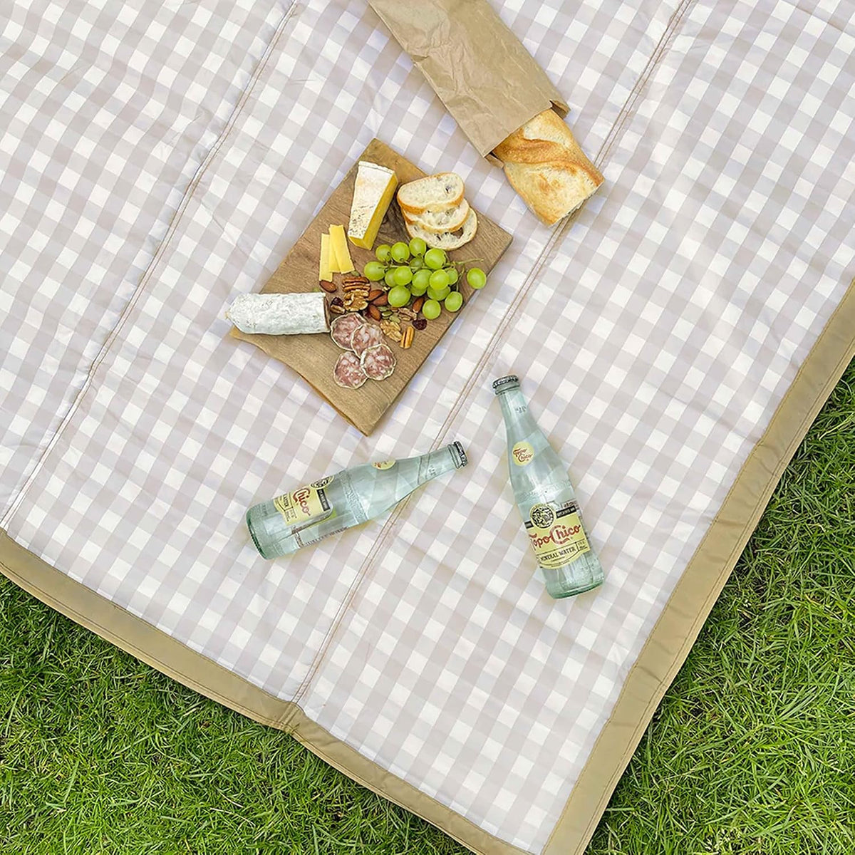 Little Unicorn 5'x5' Outdoor Family Picnic & Beach Blanket | Durable & Water-Resistant Fabric | Compact Fold & Easily Wipes Clean | Zipper Pocket (Beige Buffalo Check)