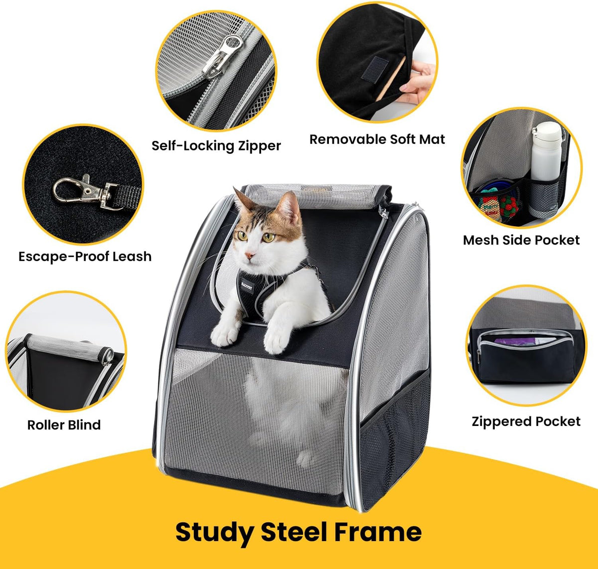 Conlun Cat Backpack Carrier for Small Dogs and Cats Fit Up to 15 Lbs,Small Dog Backpack, Foldable with 3-Side Mesh Windows, Pet Carrier for Travel & Hiking Friendly，Gray