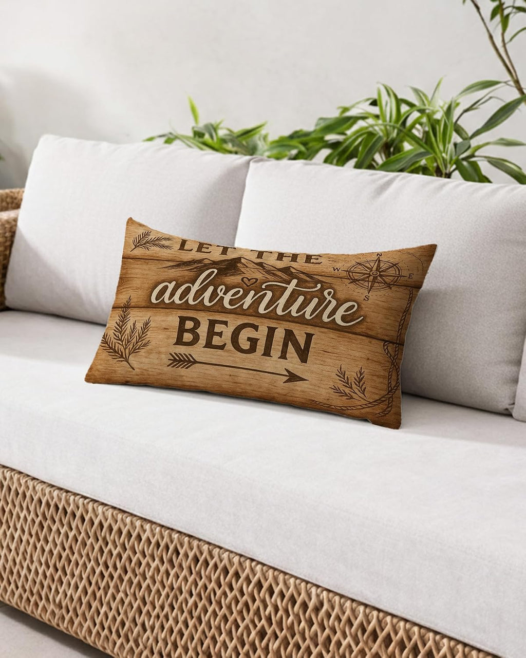 Rustic Camping Pillow Cover 12x20, Gift for Camper and Travel Lovers, Let The Adventure Begin Decorative Throw Pillow Cover Pillowcase for RV Campsite Tent Trailer Cabin Lake House