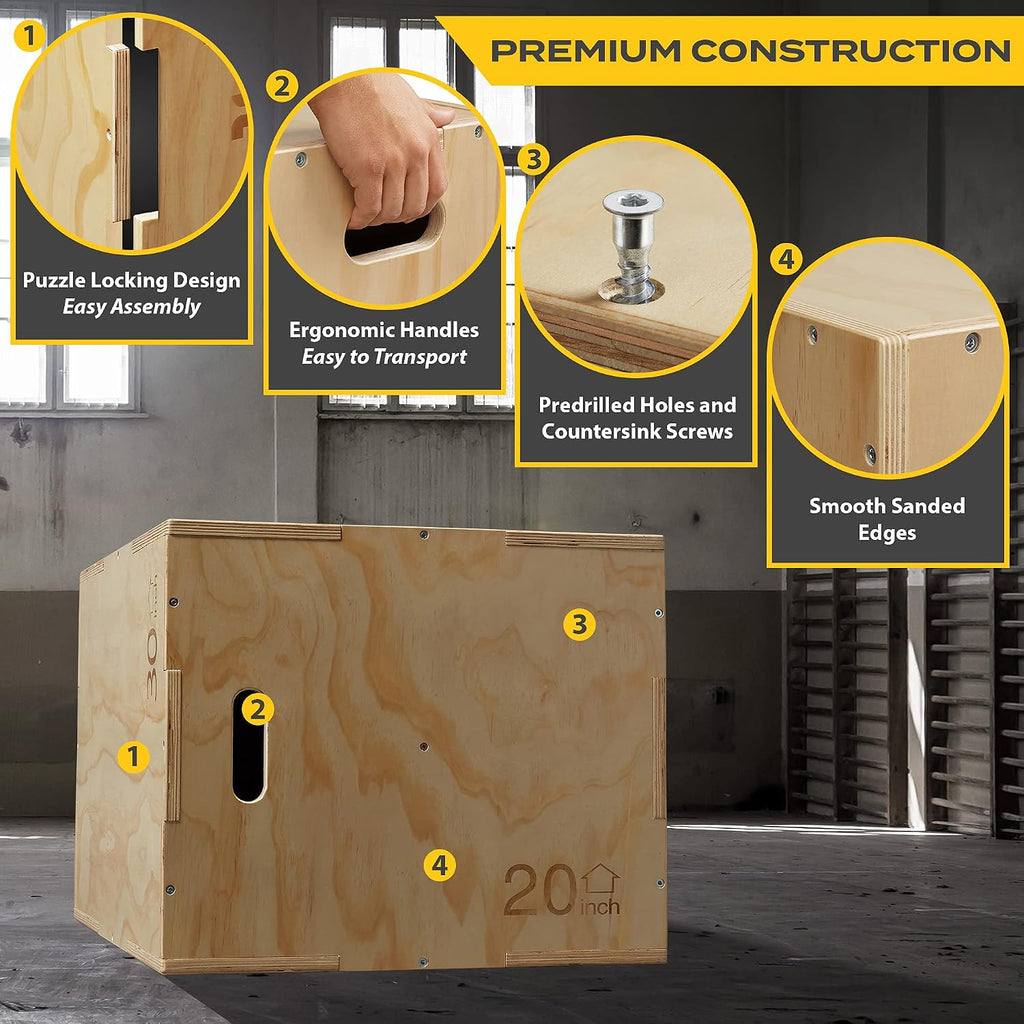 Philosophy Gym 3-in-1 Wooden Plyo Box, Wood Plyometric Jump Box Platform for Home Gym, HIIT, Jumps, Step-Ups, and Strength Training