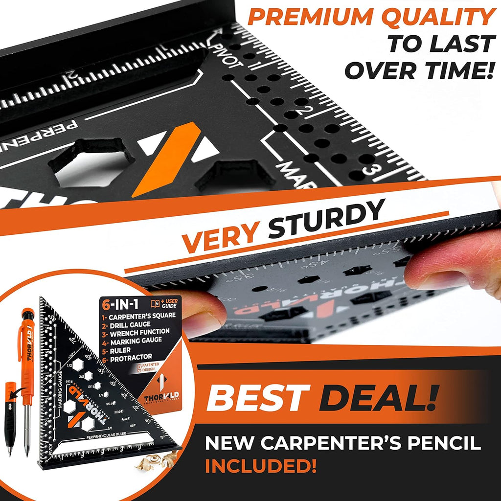 THORVALD 6-in-1 Carpenter Square 7 inch (1/16" Precision) T Square Multi-Purpose Carpenter Tools : Wrench, Square, Protractor, Ruler, Marking Gauge, Drill Gauge, Includes 2-in-1 Carpentry Pencil