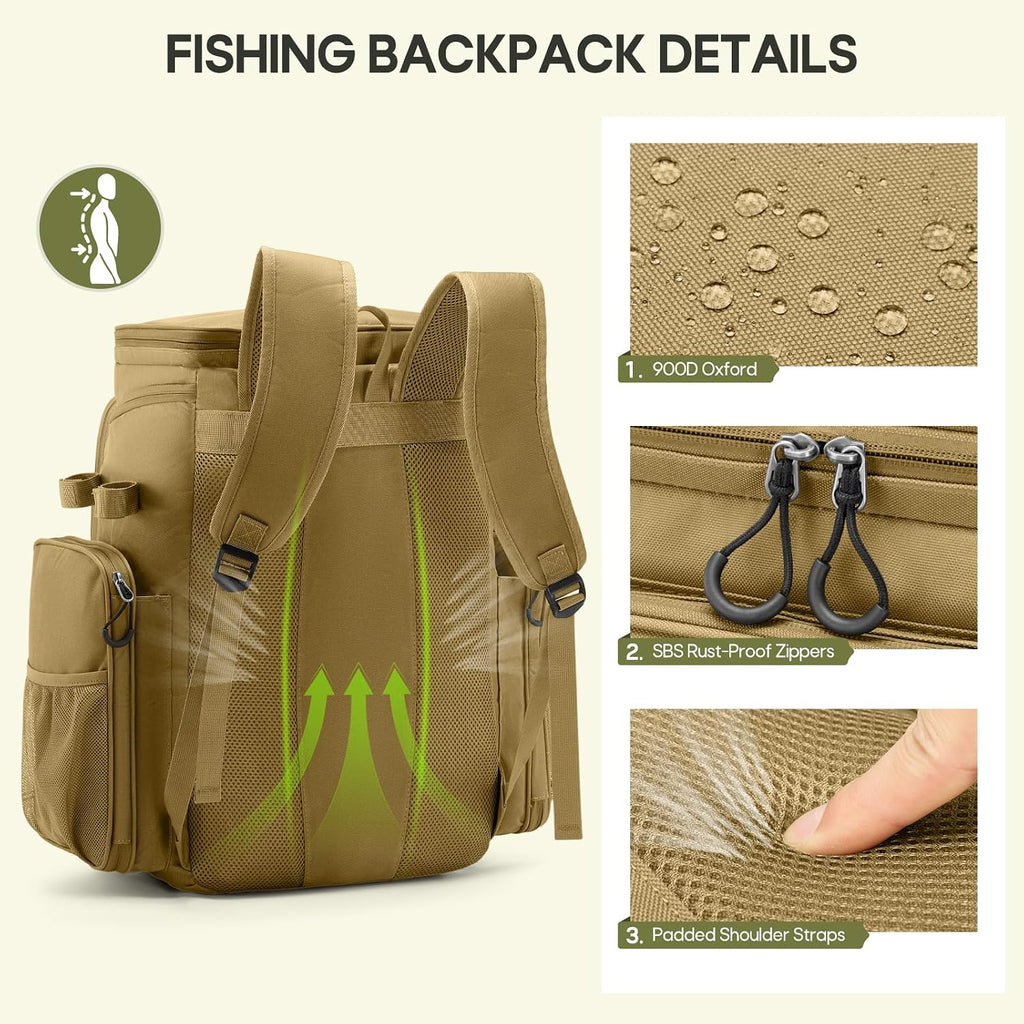 RAINSMORE Fishing Backpack, 45L Large Water-resistant Fishing Tackle Bag